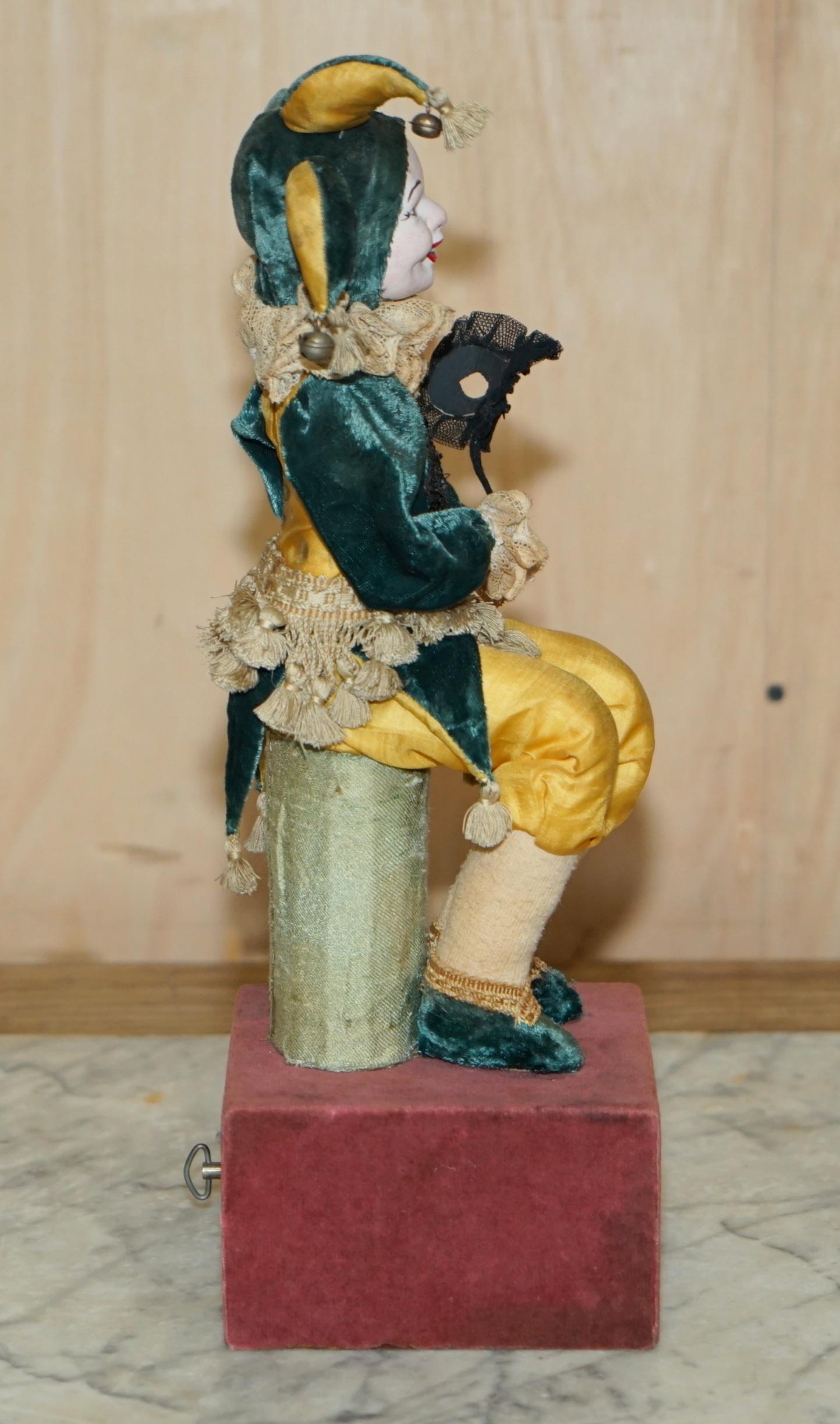 Velvet ANTiQUE FRENCH HAND MADE MUSICAL AUTOMATON JESTER CLOWN THAT PLAYS MUSIC & MOVES For Sale
