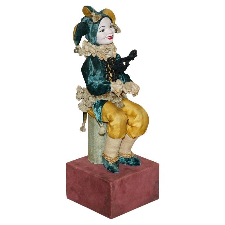 ANTIQUE FRENCH HAND MADE MUSICOLO AUTOMATICO JESTER CLOWN CHE SUONA MUSICA E SI MUOVE