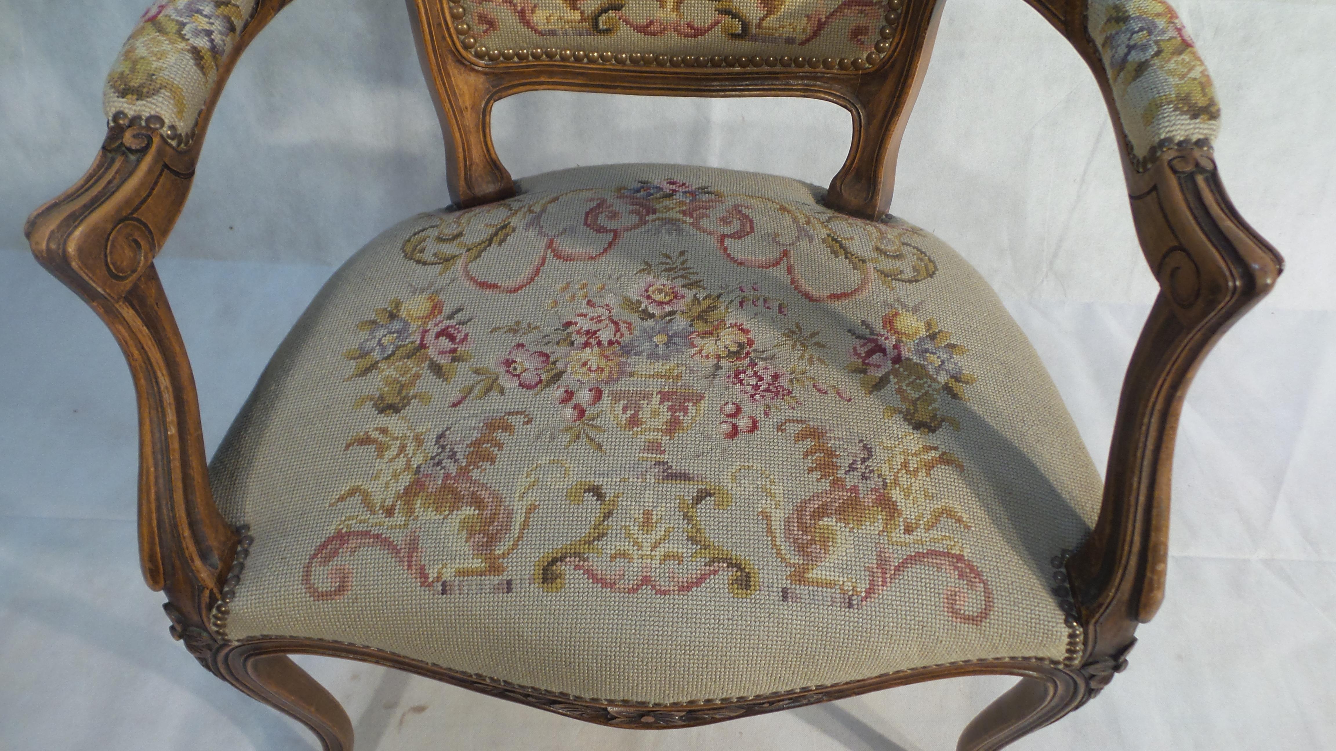 French Provincial Antique French Handmade petit point Tapestry Armchair c 1920 For Sale