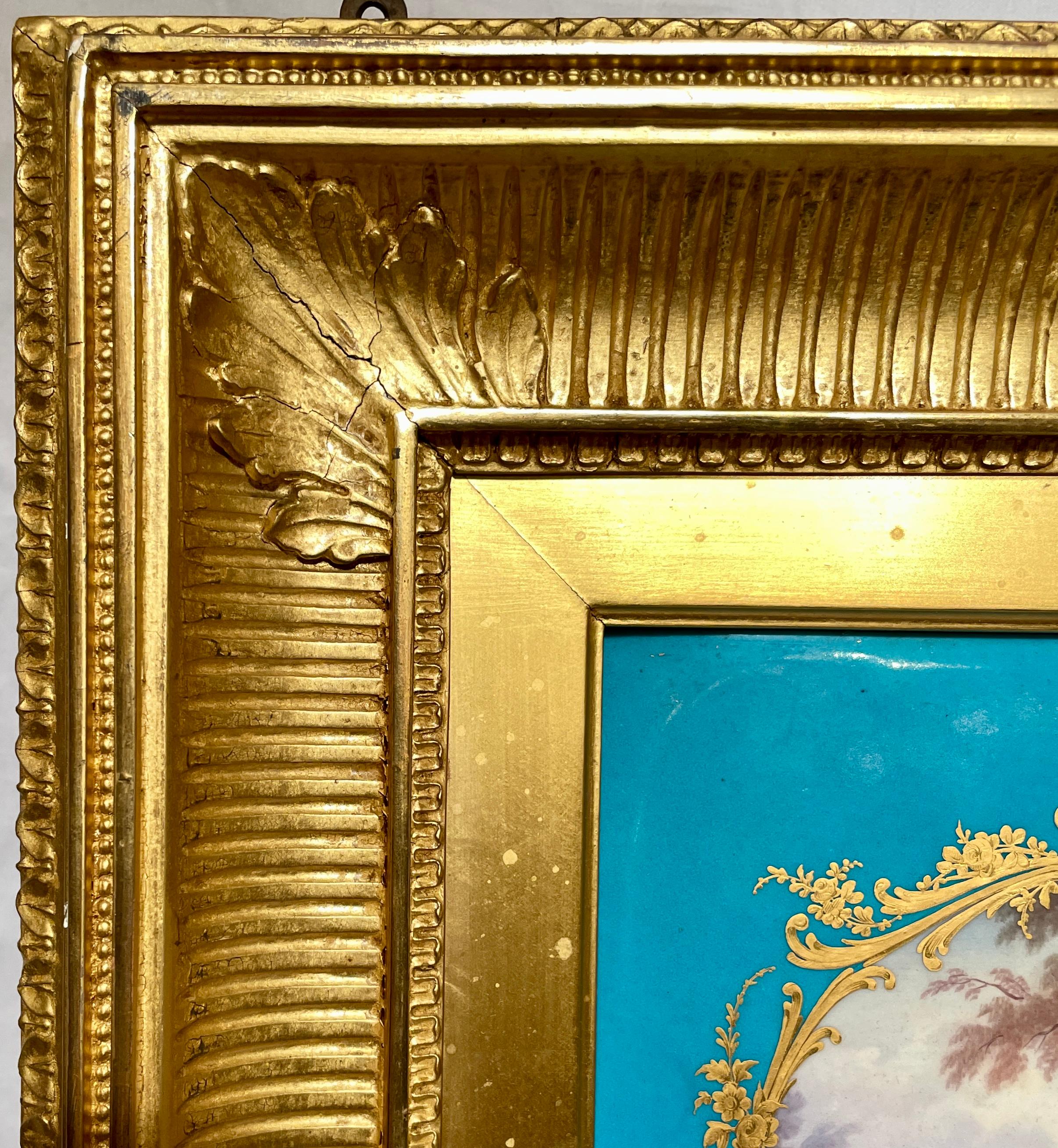 Antique French hand-painted blue and gold Sèvres Porcelain plaque in frame, Circa 1890.