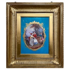 Antike französische handbemalte blau-goldene Sèvres-Porzellan-Plakette, gerahmt, ca. 1890