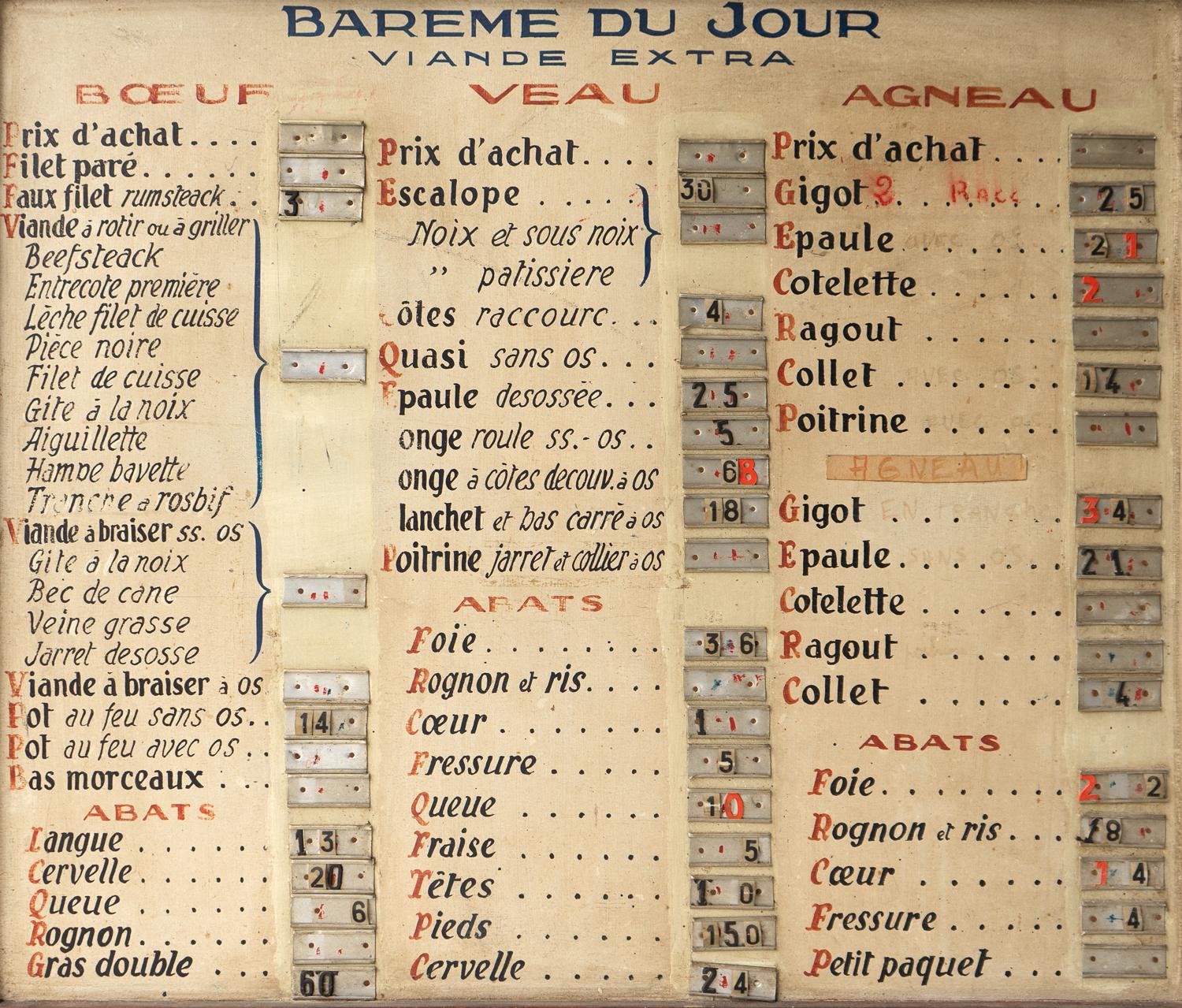 Antikes französisches handbemaltes Butcher-Shop-Schild, Vintage-Boucherie-Preisliste, Vintage (Handgefertigt)