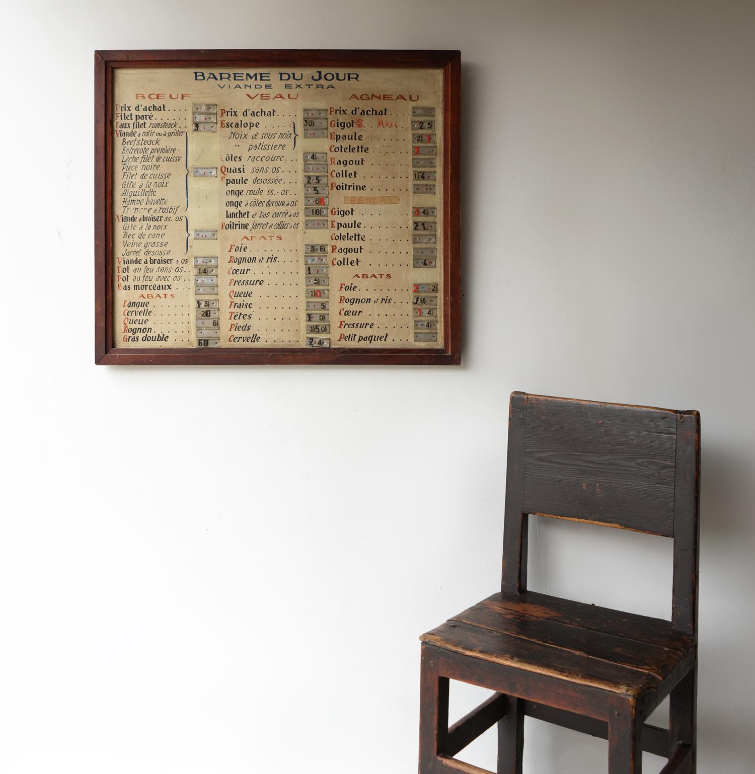 Panneau d'atelier de boucherie français ancien peint à la main, liste des prix de Boucherie vintage Bon état à Bristol, GB
