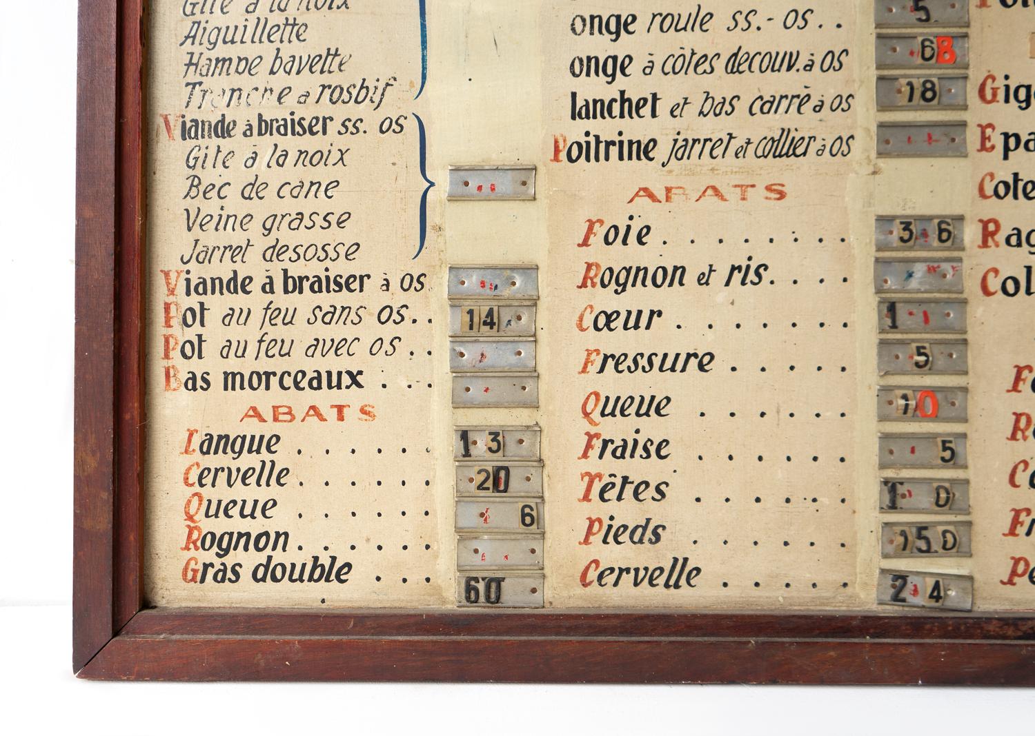 20ième siècle Panneau d'atelier de boucherie français ancien peint à la main, liste des prix de Boucherie vintage