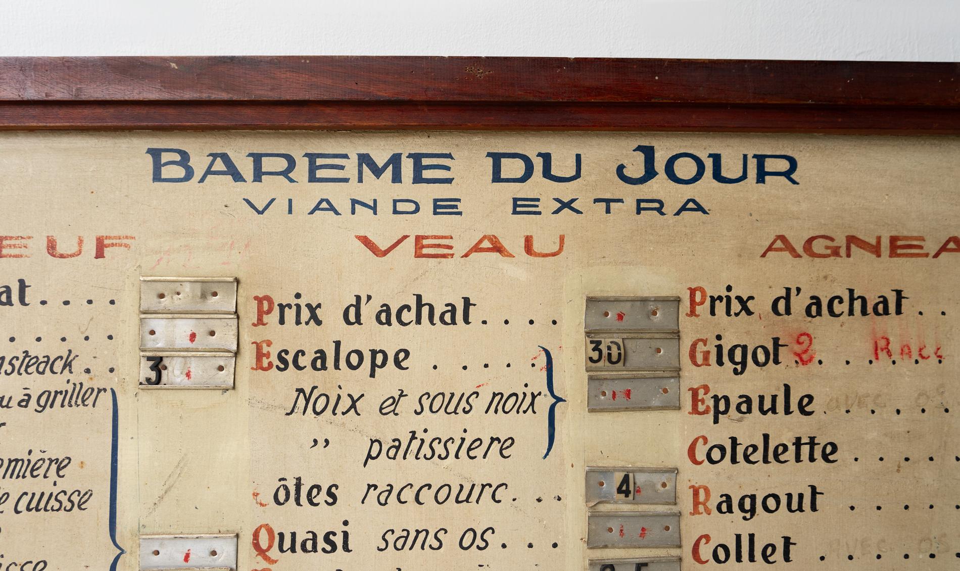 Antique French Hand-Painted Butchers Shop Sign, Vintage Boucherie Price List For Sale 1