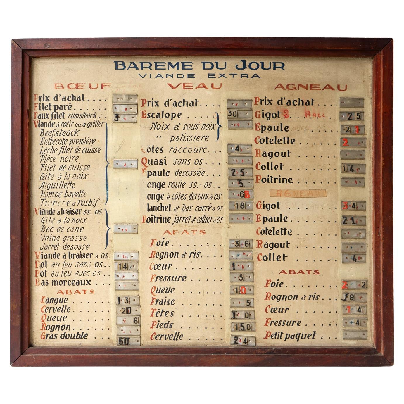 Antique French Hand-Painted Butchers Shop Sign, Vintage Boucherie Price List For Sale