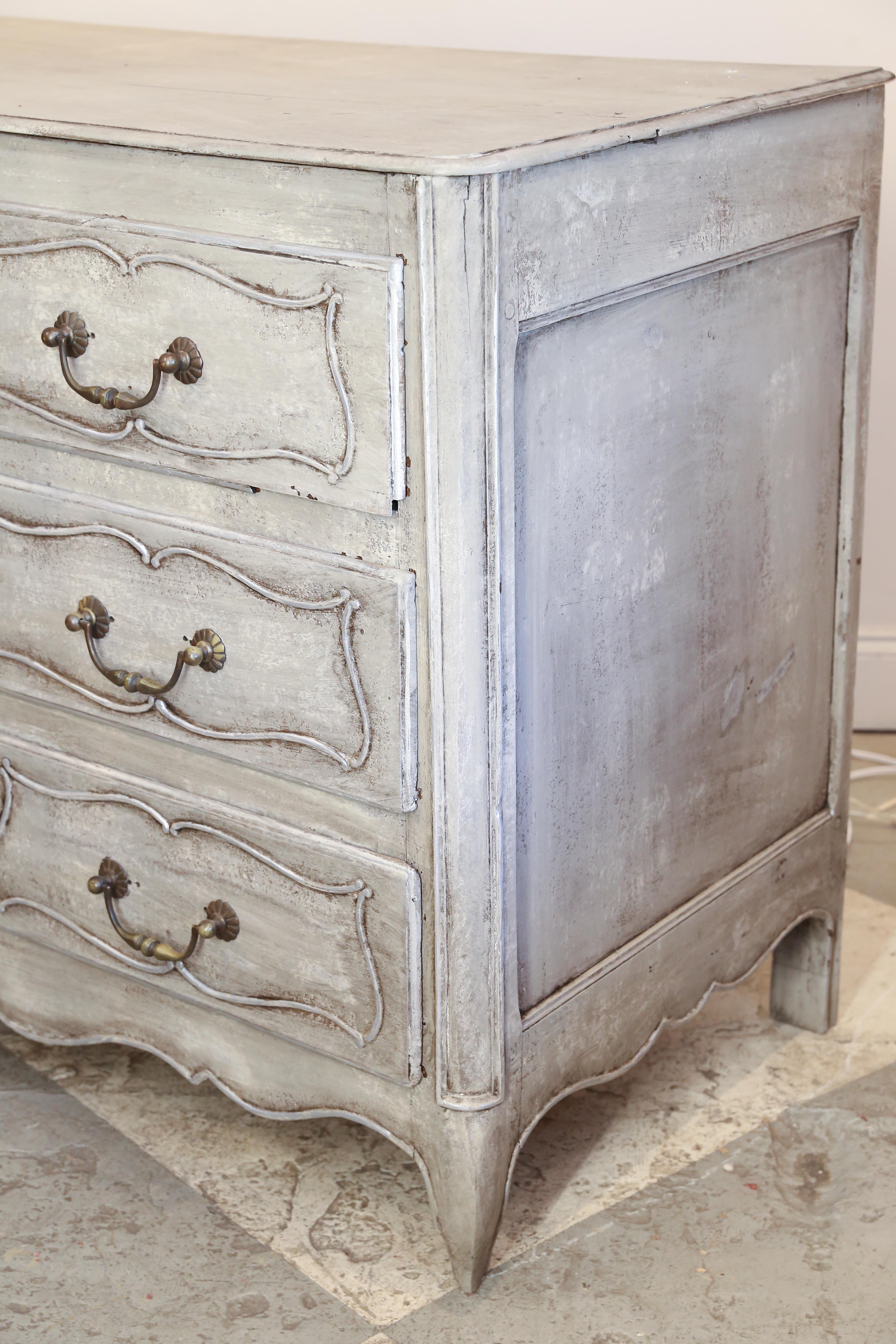 19th Century Antique French Hand Painted Commode in Greige and Silver with Carved Drawers