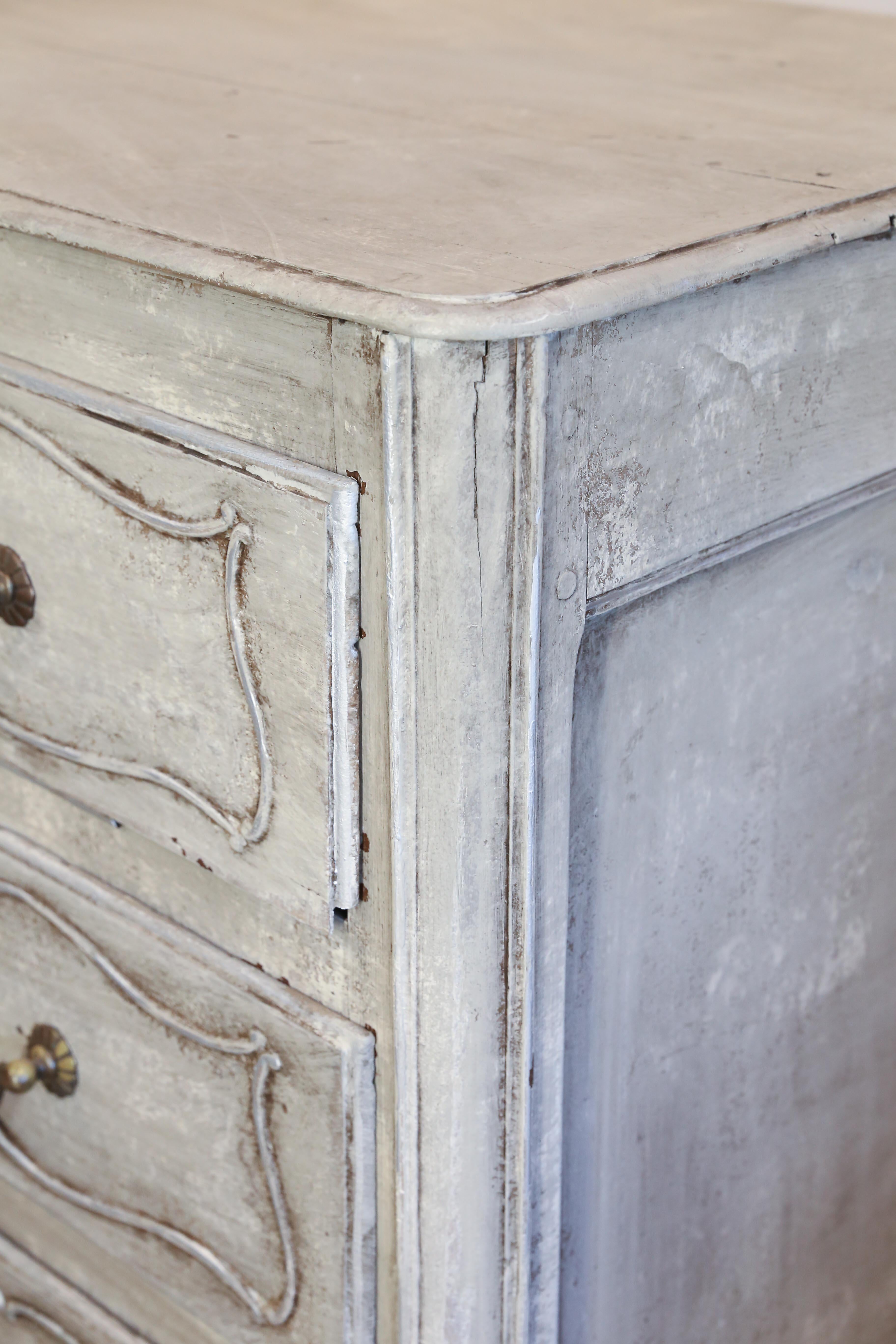 Silver Leaf Antique French Hand Painted Commode in Greige and Silver with Carved Drawers