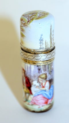 Antique French Hand-Painted Enamel .800 Fine Silver "Lipstick" Perfume Bottle