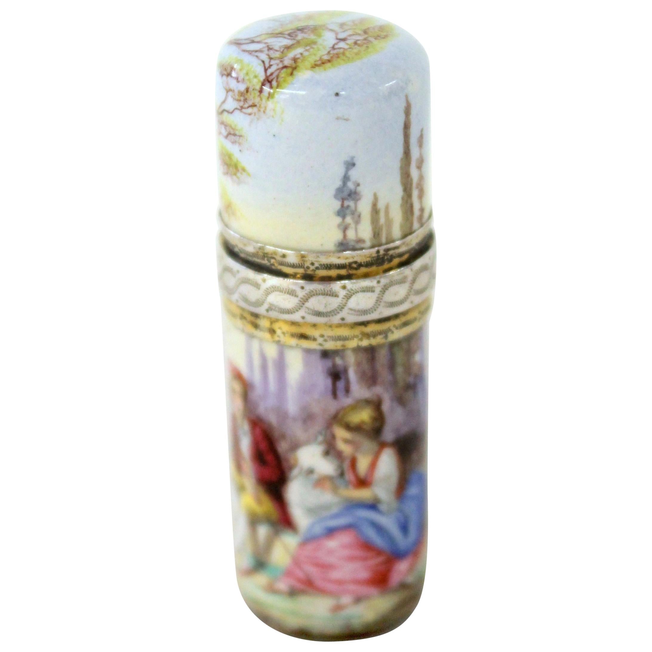 Antique French Hand-Painted Enamel .800 Fine Silver "Lipstick" Perfume Bottle For Sale