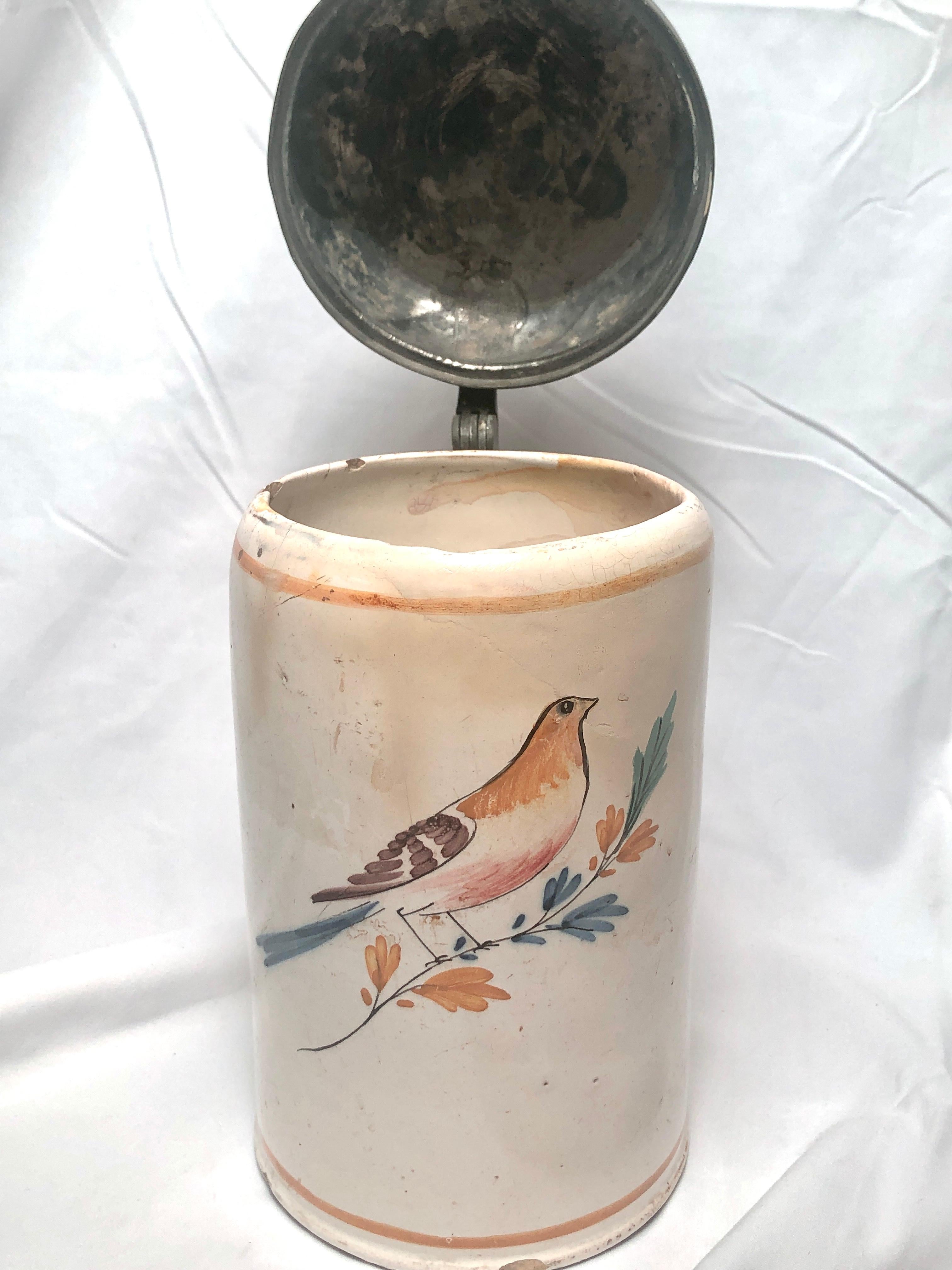 Antique French hand-painted faience pottery porcelain tankard with pewter top, Circa 1870's.