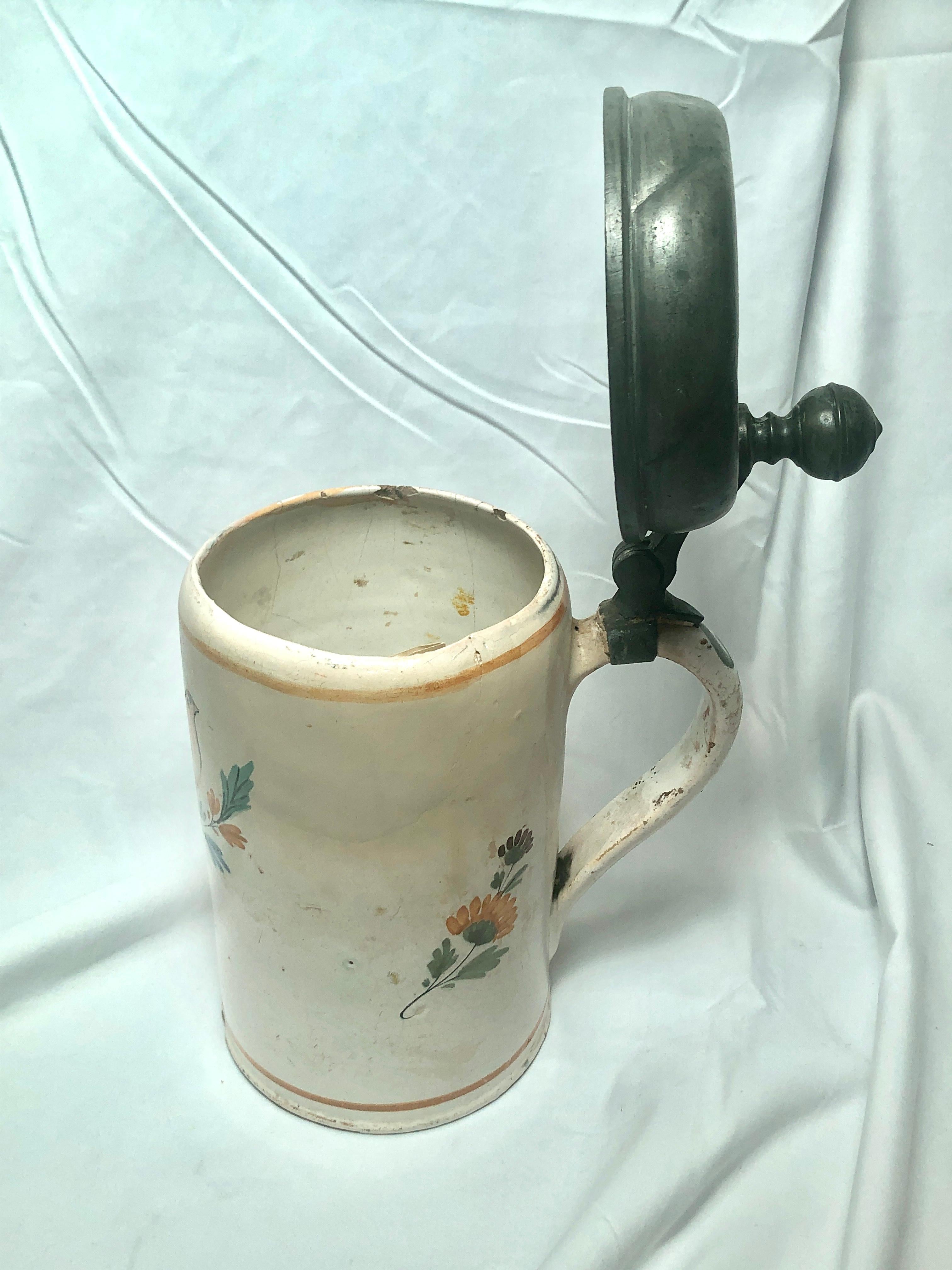 19th Century Antique French Hand-Painted Faience Pottery Porcelain Tankard with Pewter Top For Sale