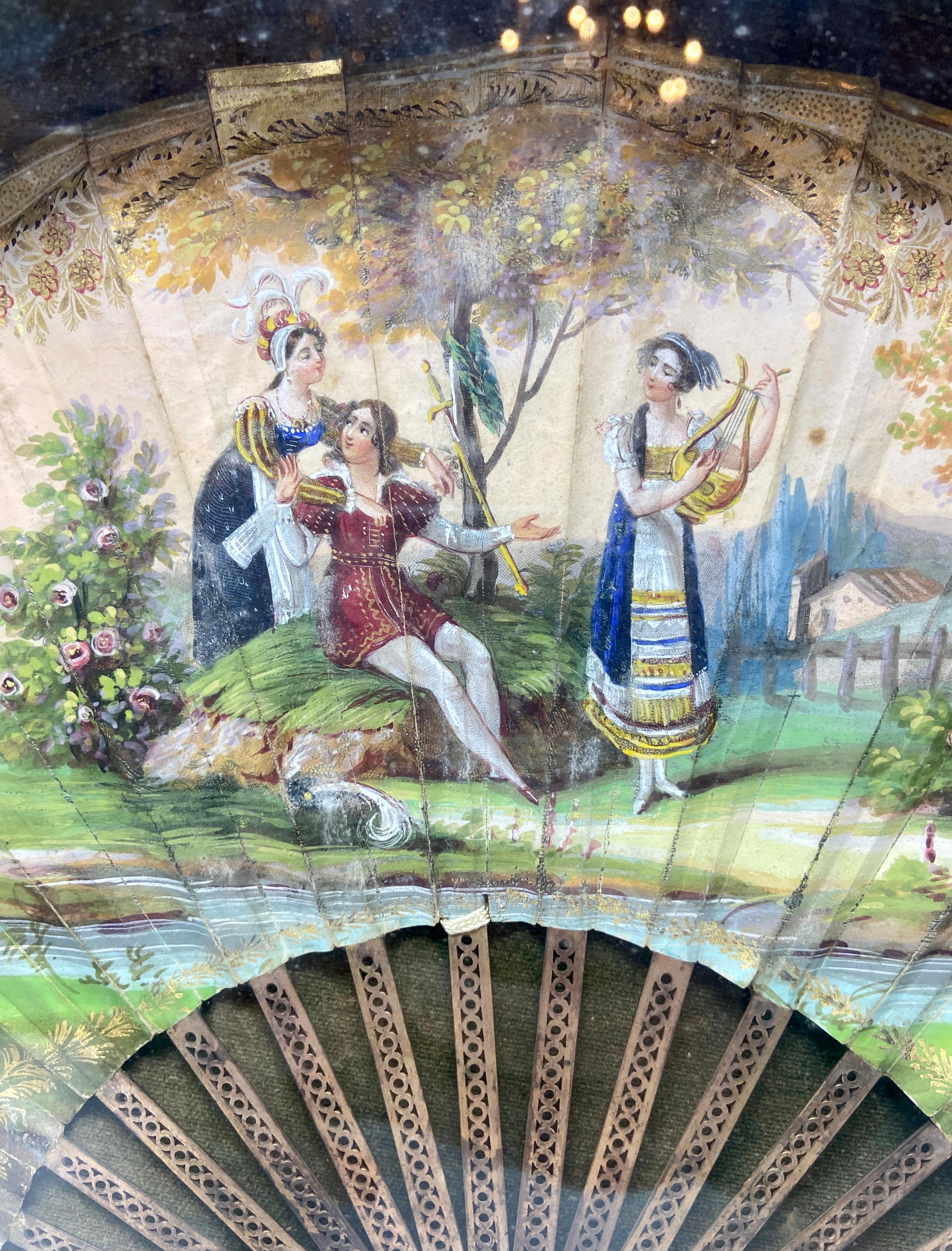 Antique French Hand-Painted Fan with Gold Bronze Guards in Shadow Box, Ca 1850's In Good Condition In New Orleans, LA