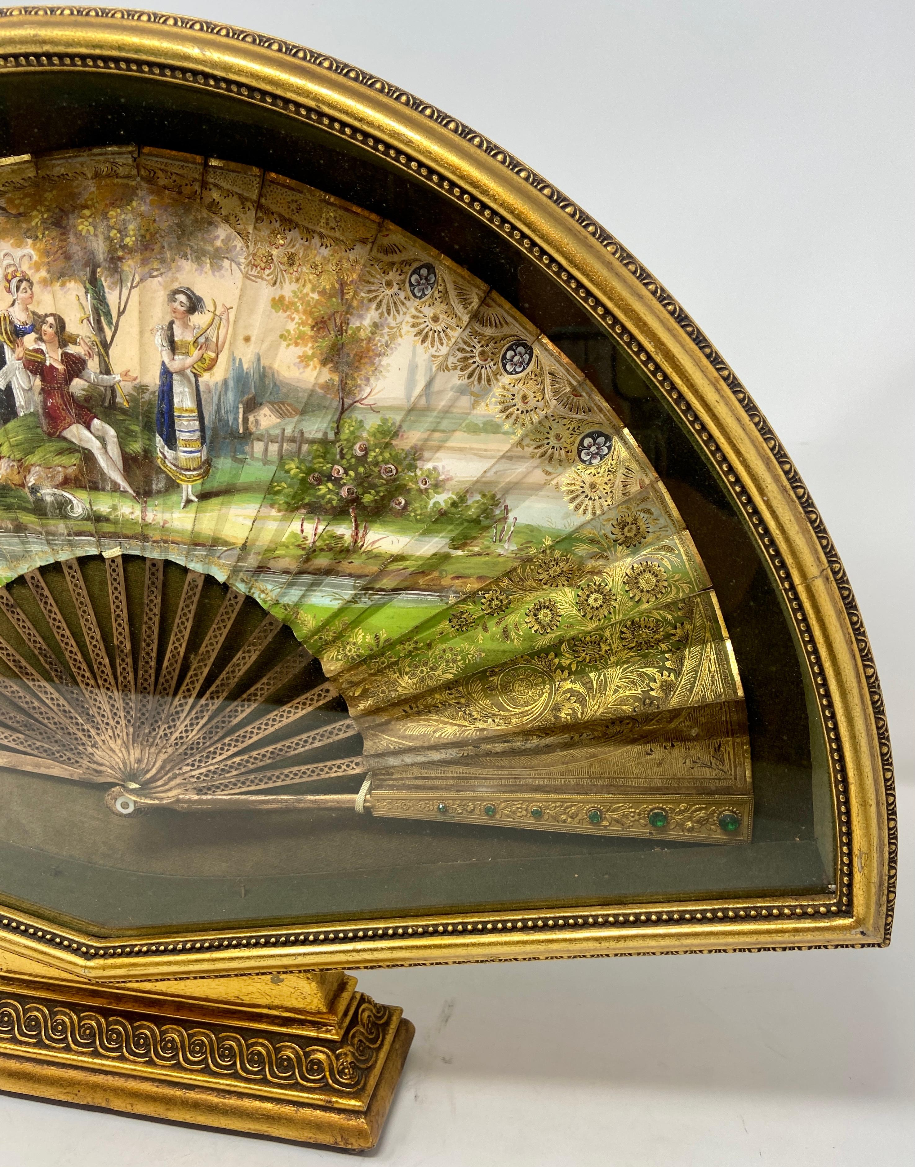 19th Century Antique French Hand-Painted Fan with Gold Bronze Guards in Shadow Box, Ca 1850's