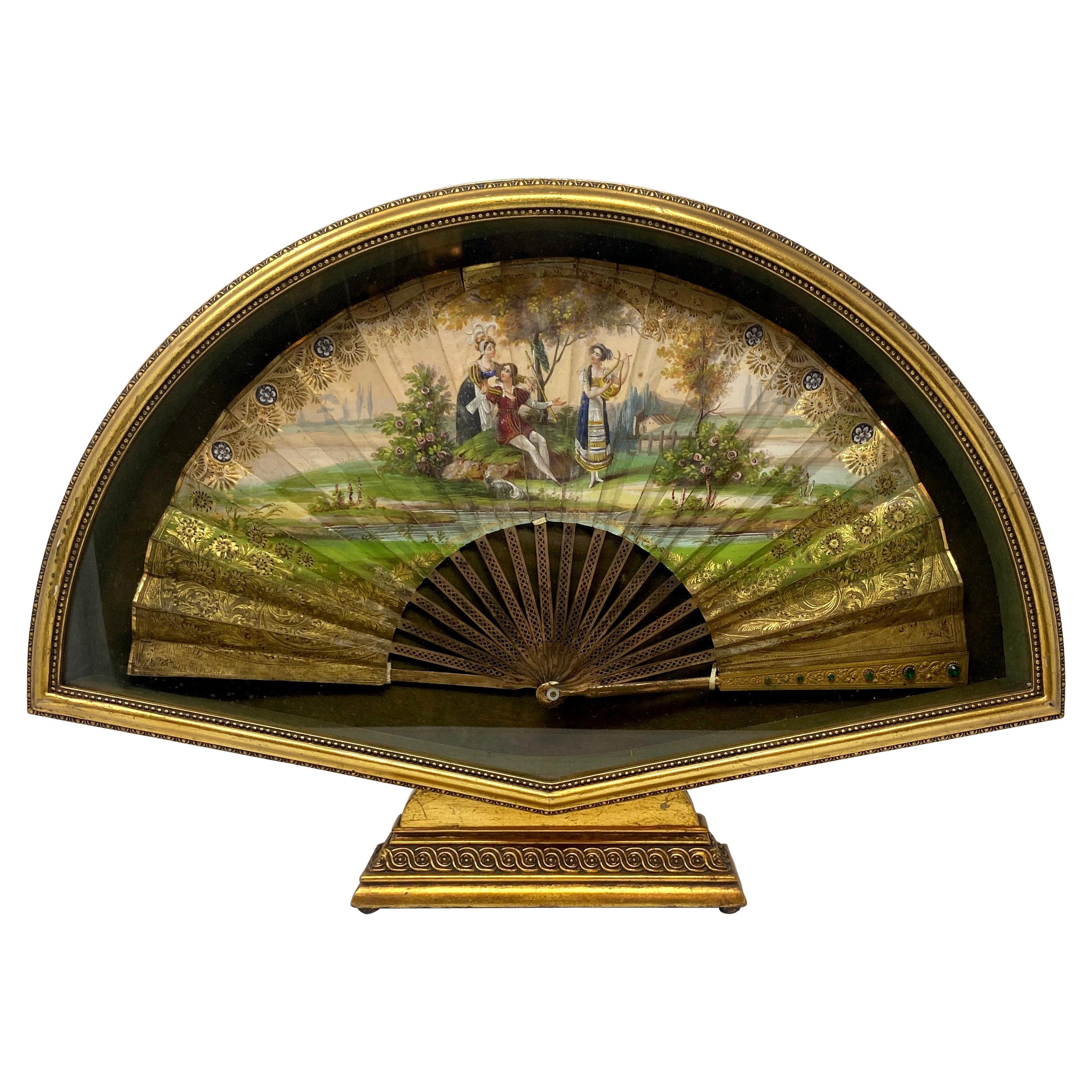 Antique French Hand-Painted Fan with Gold Bronze Guards in Shadow Box, Ca 1850's