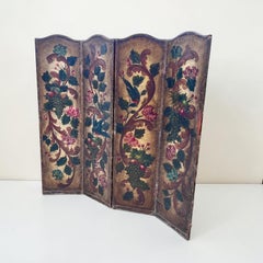Antique French Hand Painted Four Fold Leather Room Divider Screen