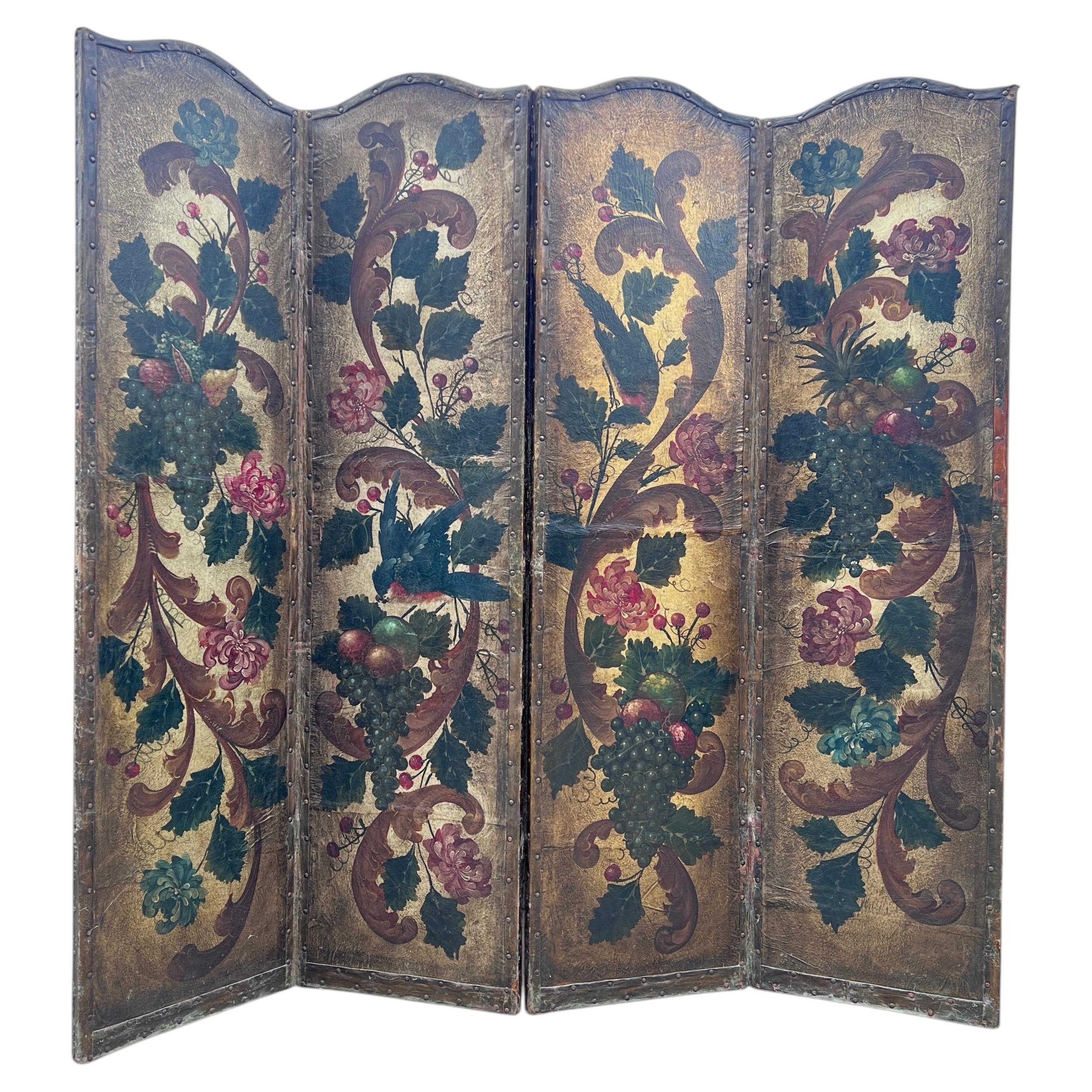 Antique French Hand Painted Four Fold Leather Room Divider Screen