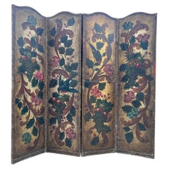 Antique French Hand Painted Four Fold Leather Room Divider Screen