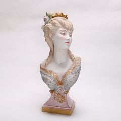 Antique French Hand Painted and Gilt Bisque Portrait Bust of Woman in Crown