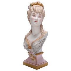 Antique French Hand Painted and Gilt Bisque Portrait Bust of Woman in Crown