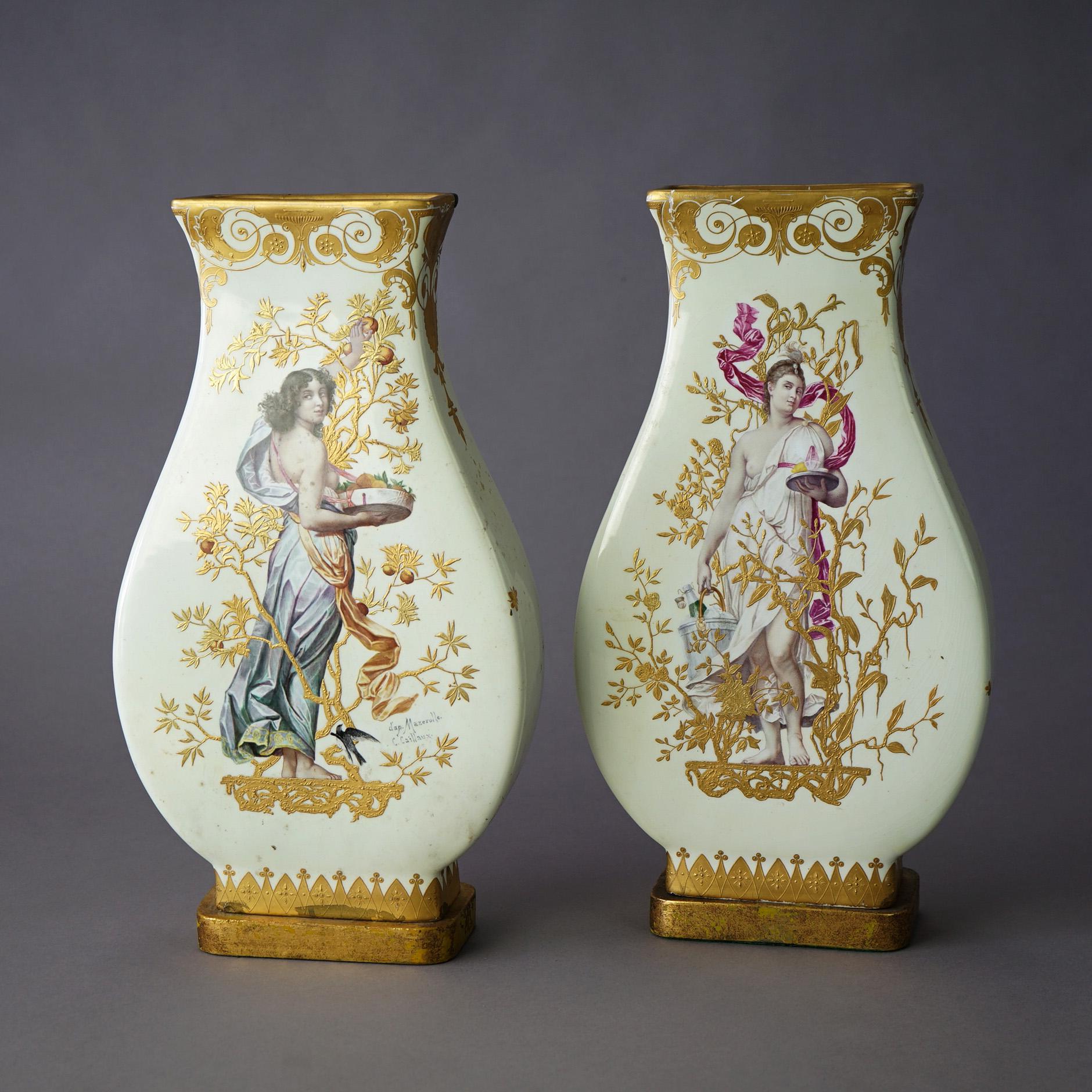 An antique pair of French vases portrait vases offer porcelain construction with hand painted full portraits of Classical women, gilt decoration throughout, artist signed, 19th century

Measure 16.75