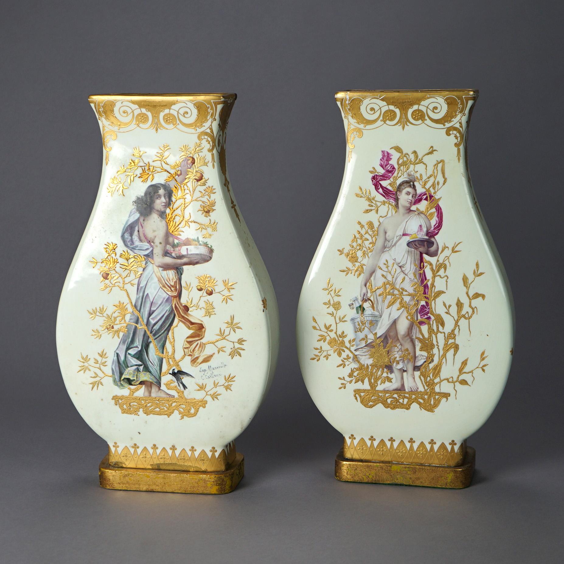 Antique French Hand Painted & Gilt Decorated Porcelain Vases, Signed, 19thC In Good Condition In Big Flats, NY