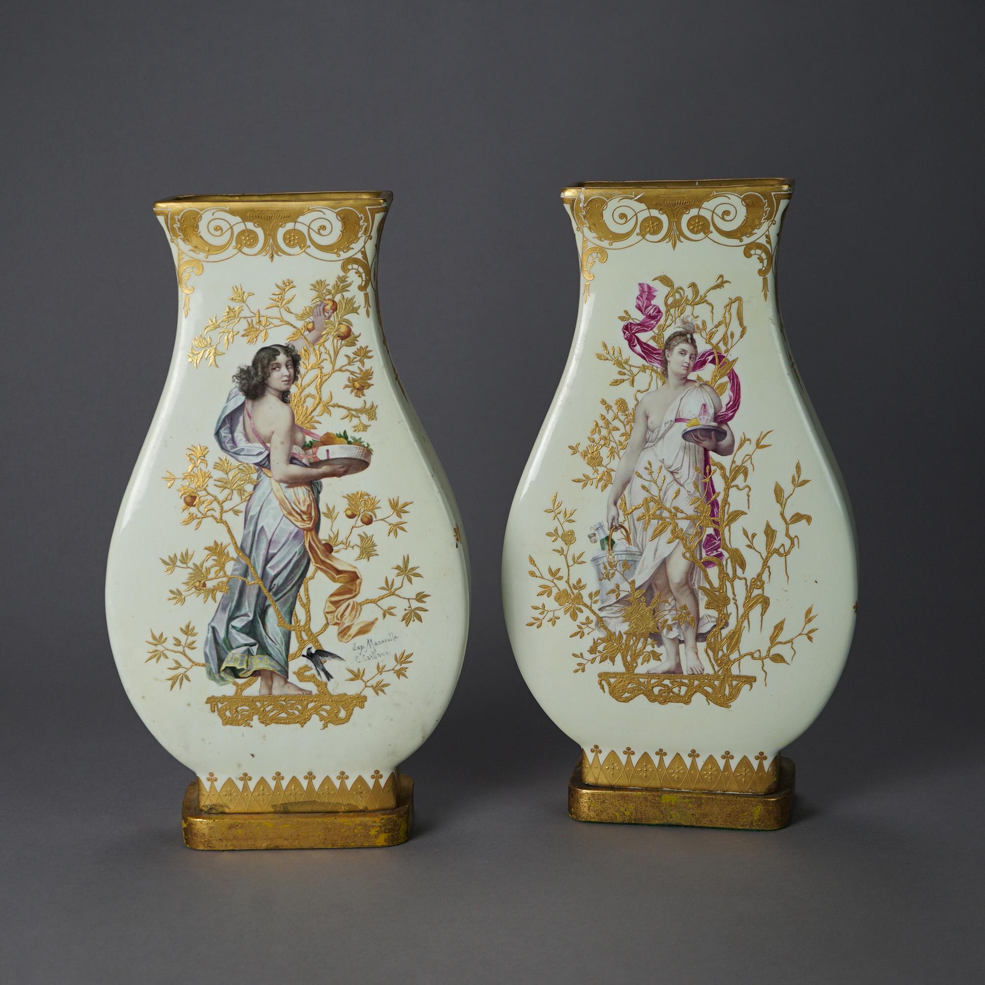 19th Century Antique French Hand Painted & Gilt Decorated Porcelain Vases, Signed, 19thC