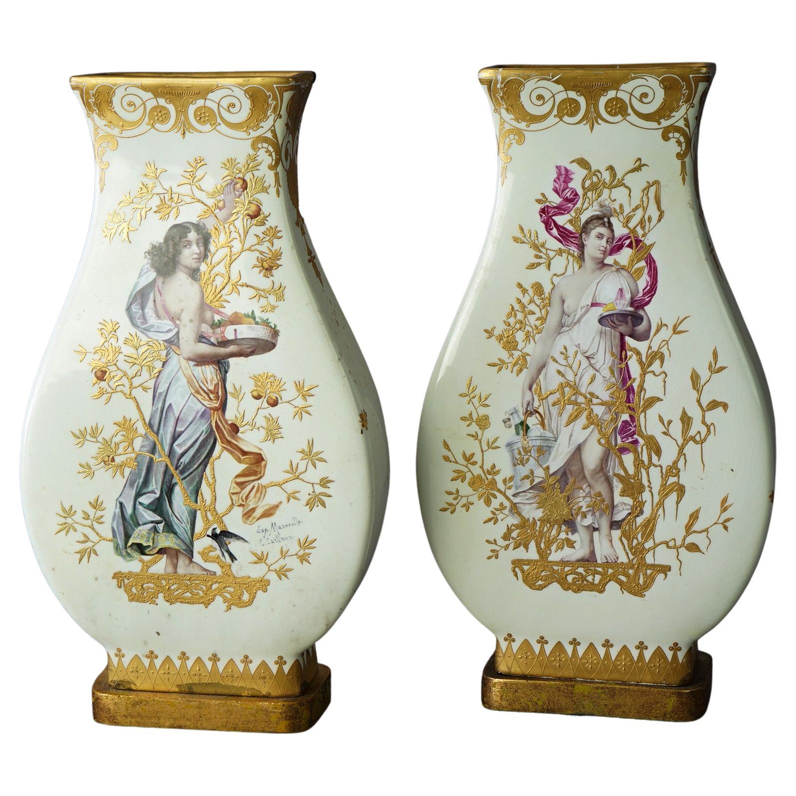 Antique French Hand Painted & Gilt Decorated Porcelain Vases, Signed, 19thC