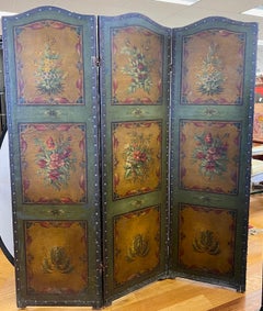 Antique French Hand Painted Leather Three Panel Folding Screen Room Divider