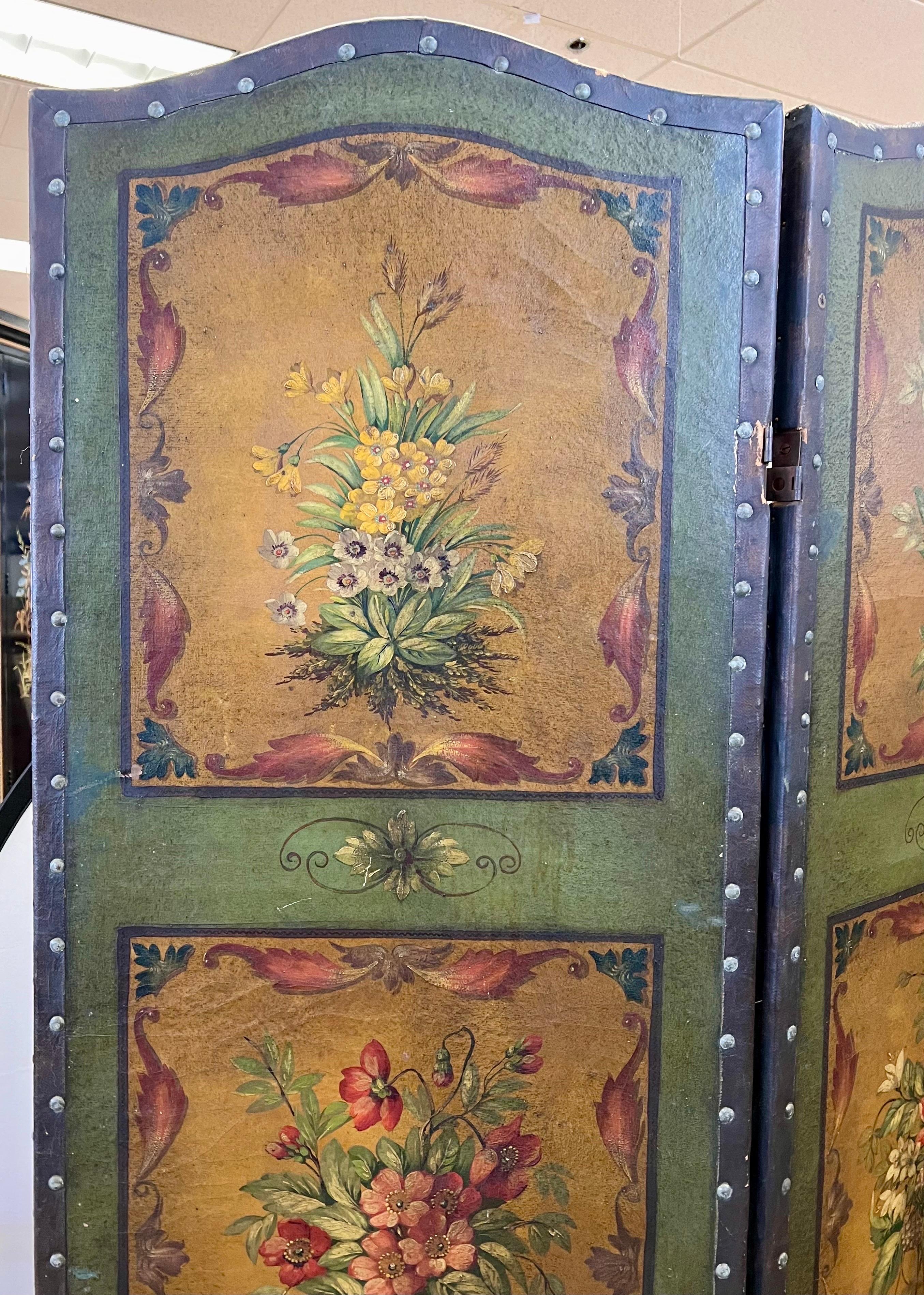 Antique French Hand Painted Leather Three Panel Folding Screen Room Divider In Good Condition In West Hartford, CT