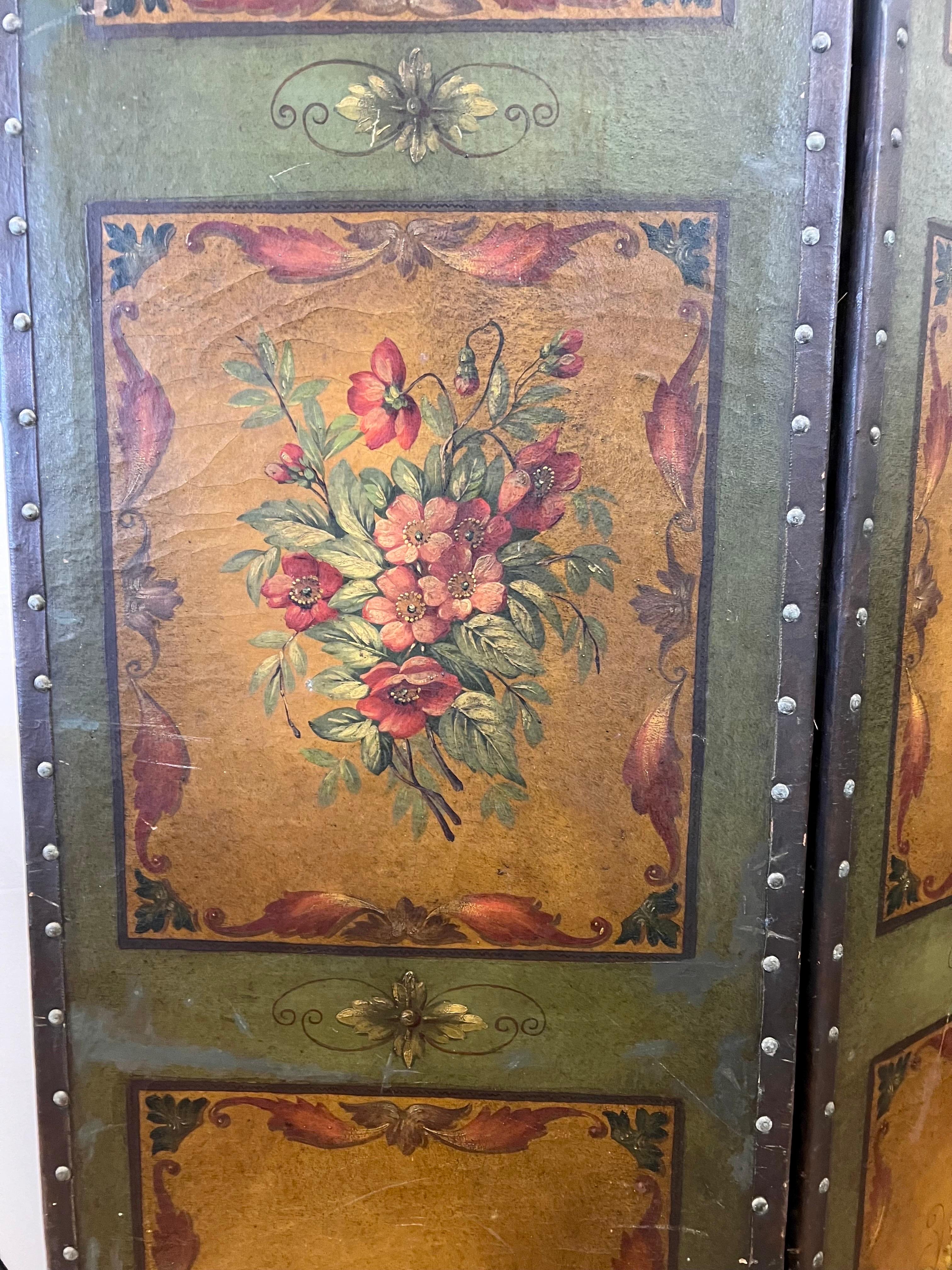 19th Century Antique French Hand Painted Leather Three Panel Folding Screen Room Divider