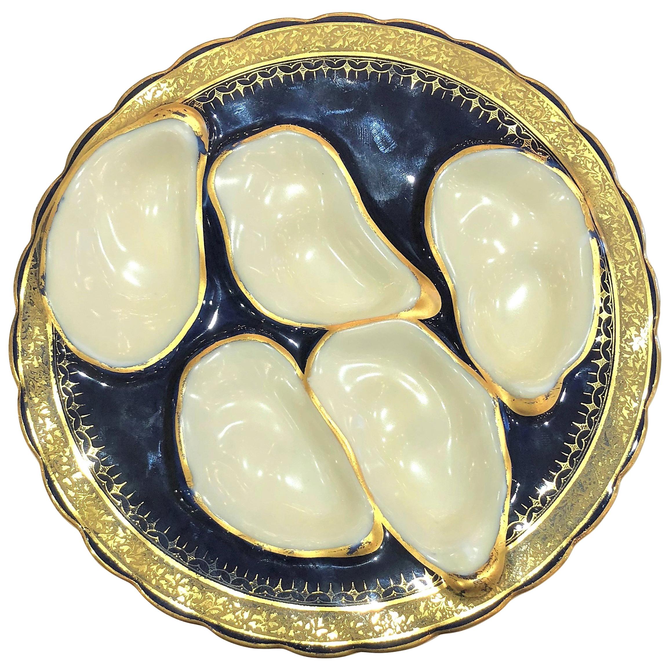 Antique French Hand-Painted Limoges Porcelain Oyster Plate, circa 1870-1880
