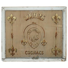 ANTiQUE FRENCH HAND PAINTED LIQUEURS CHAMPAGNE HAS REIMS COGNACS SALVAGED WINDOW