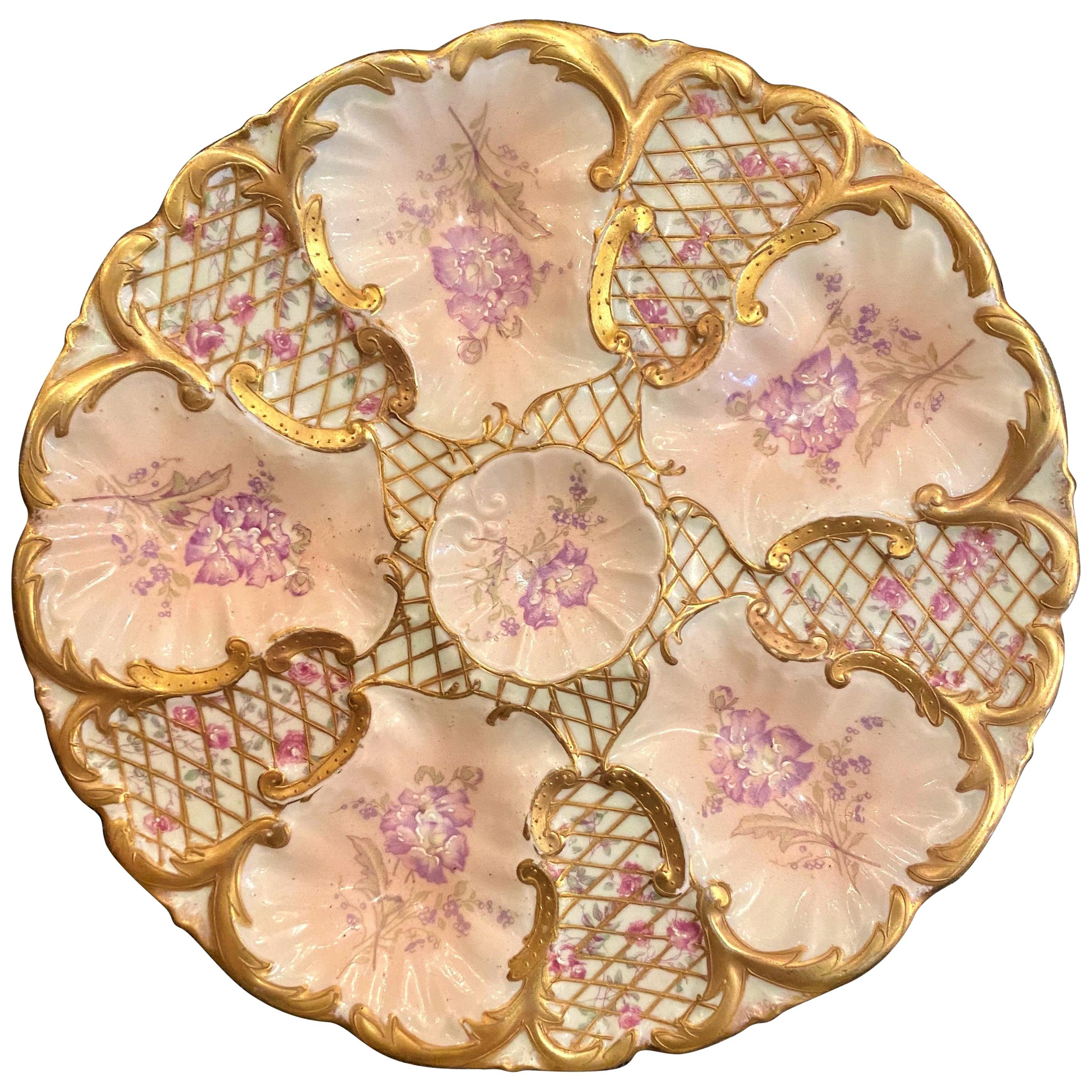 Antique French Hand Painted L.S. & S. Limoges Porcelain Oyster Plate, circa 1880