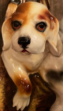 Antique French Hand-Painted Majolica Porcelain "Beagles" Wall Pocket, Circa 1890