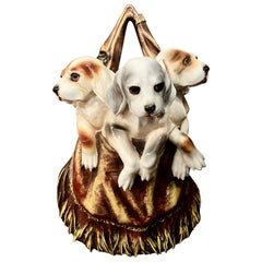 Antique French Hand-Painted Majolica Porcelain "Beagles" Wall Pocket, Circa 1890