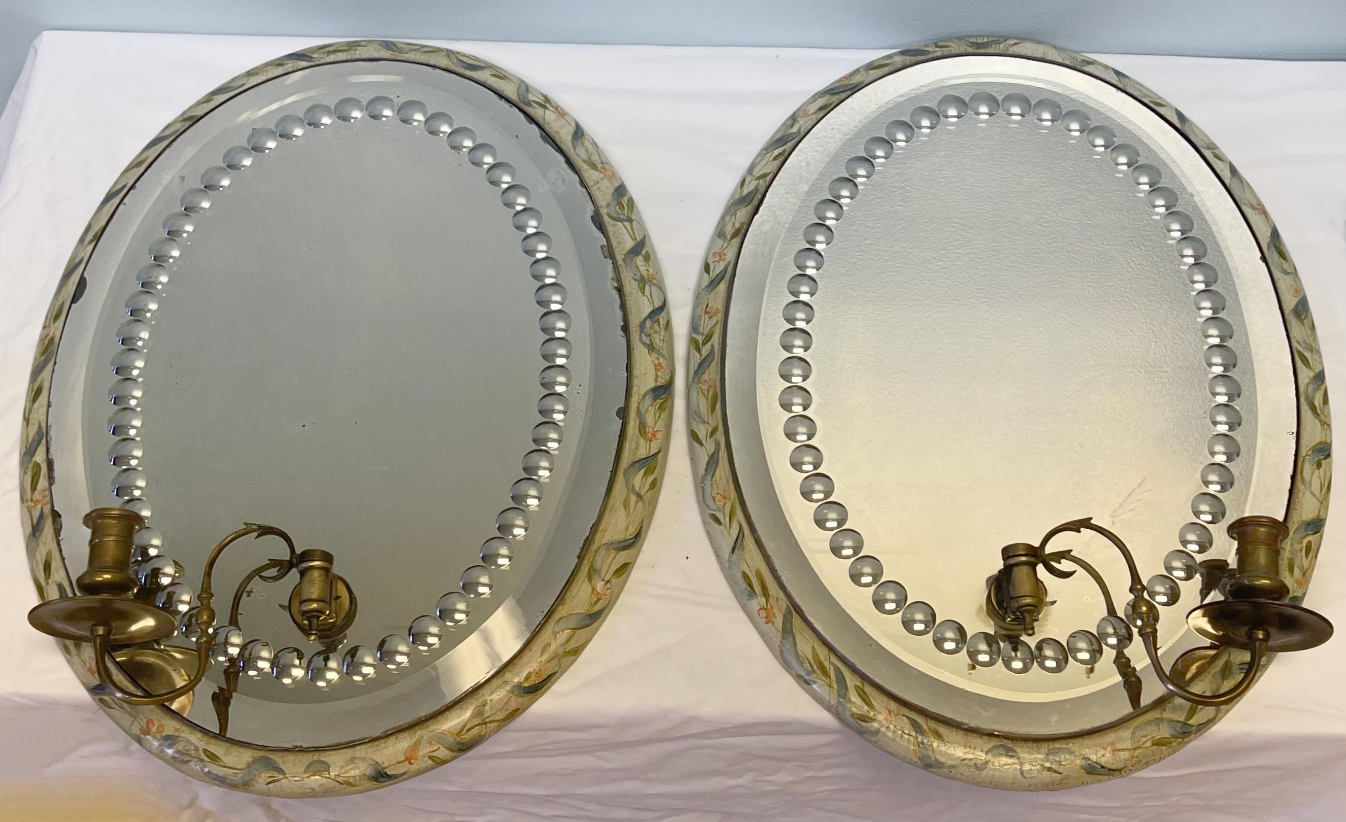 Antique French Hand Painted Mirrored Sconces, Pair In Good Condition In Kennesaw, GA