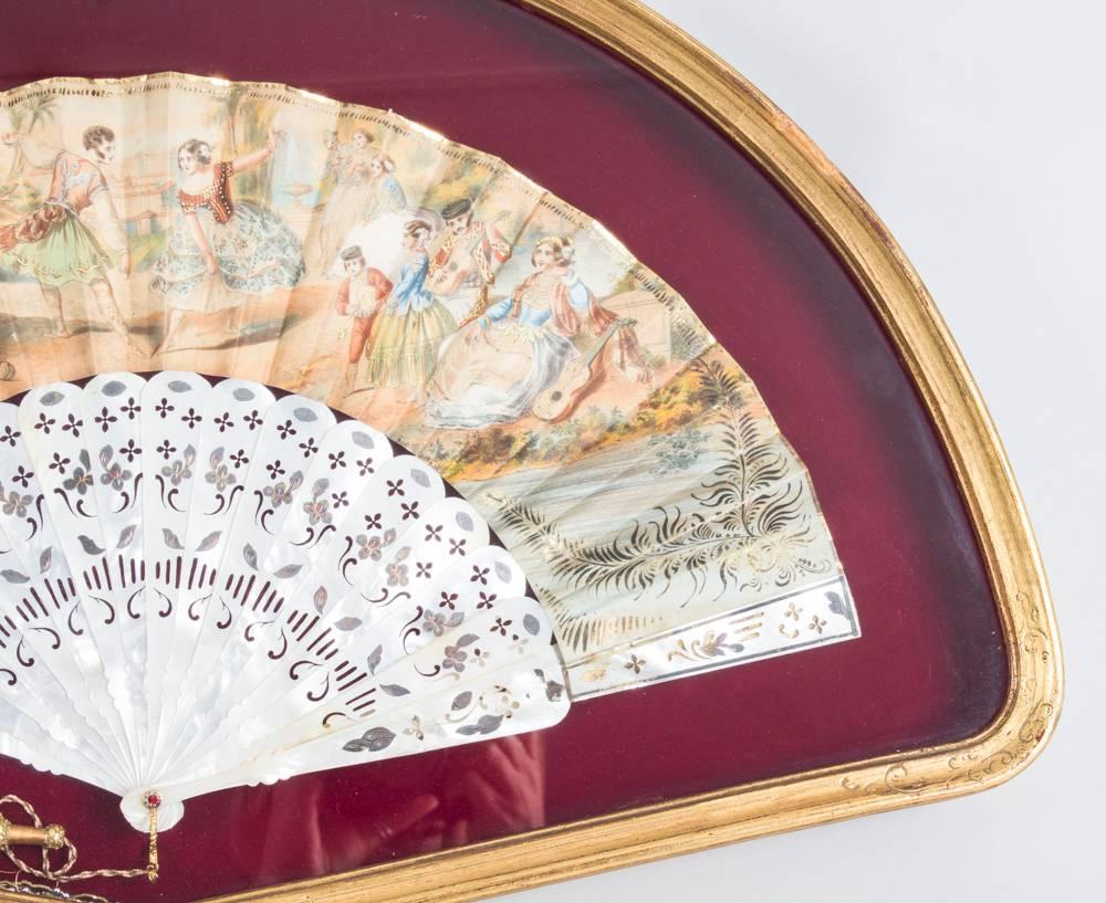 Antique French Hand-Painted Mother-of-Pearl Fan, 19th Century In Excellent Condition In London, GB