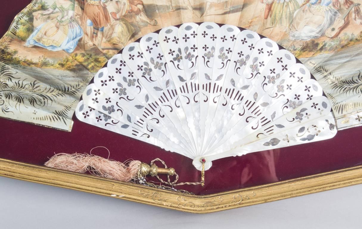 Antique French Hand-Painted Mother-of-Pearl Fan, 19th Century In Excellent Condition In London, GB