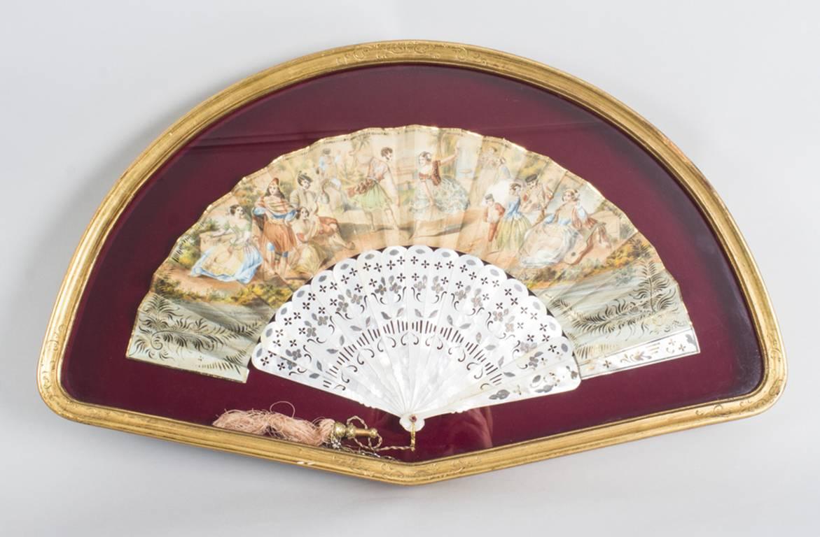 Antique French Hand-Painted Mother-of-Pearl Fan, 19th Century 2
