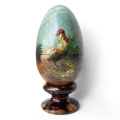 Antique French Hand Painted Olive Wood Egg Box With Cockerel Decoration, 19th C.