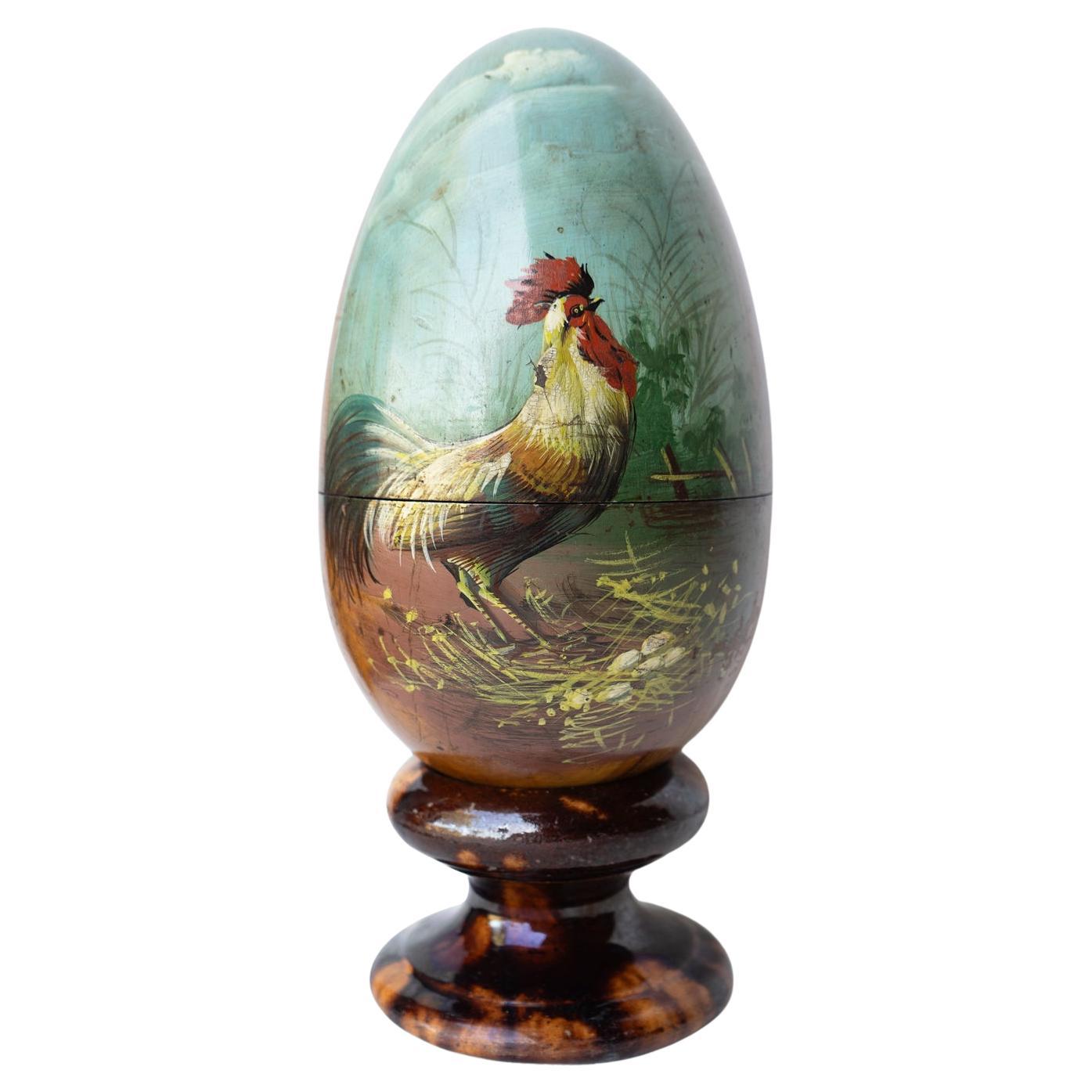 Antique French Hand Painted Olive Wood Egg Box With Cockerel Decoration, 19th C.