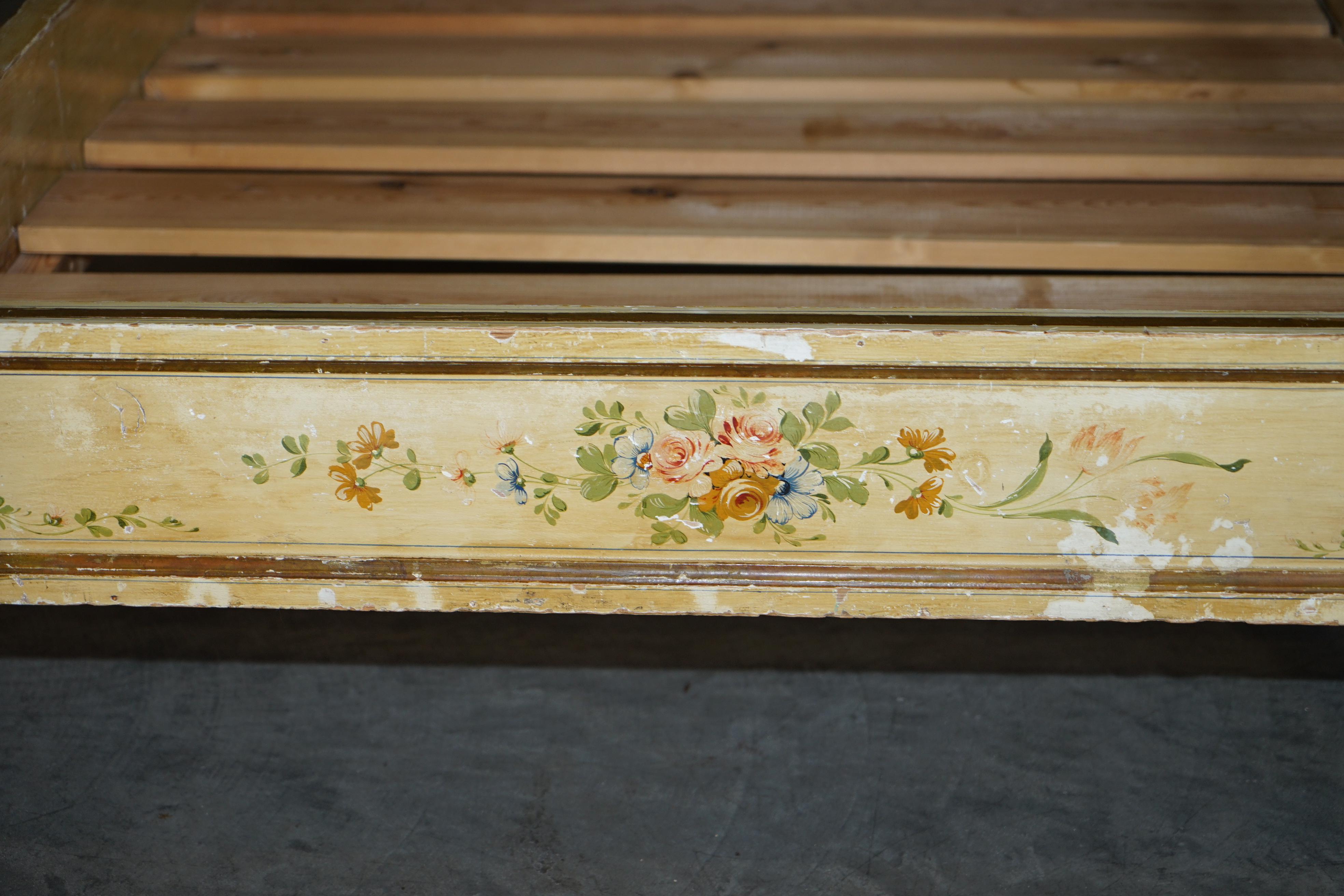 Antique French Hand Painted Ornately Decorated Bed Frame in Oak Pine Slats For Sale 4
