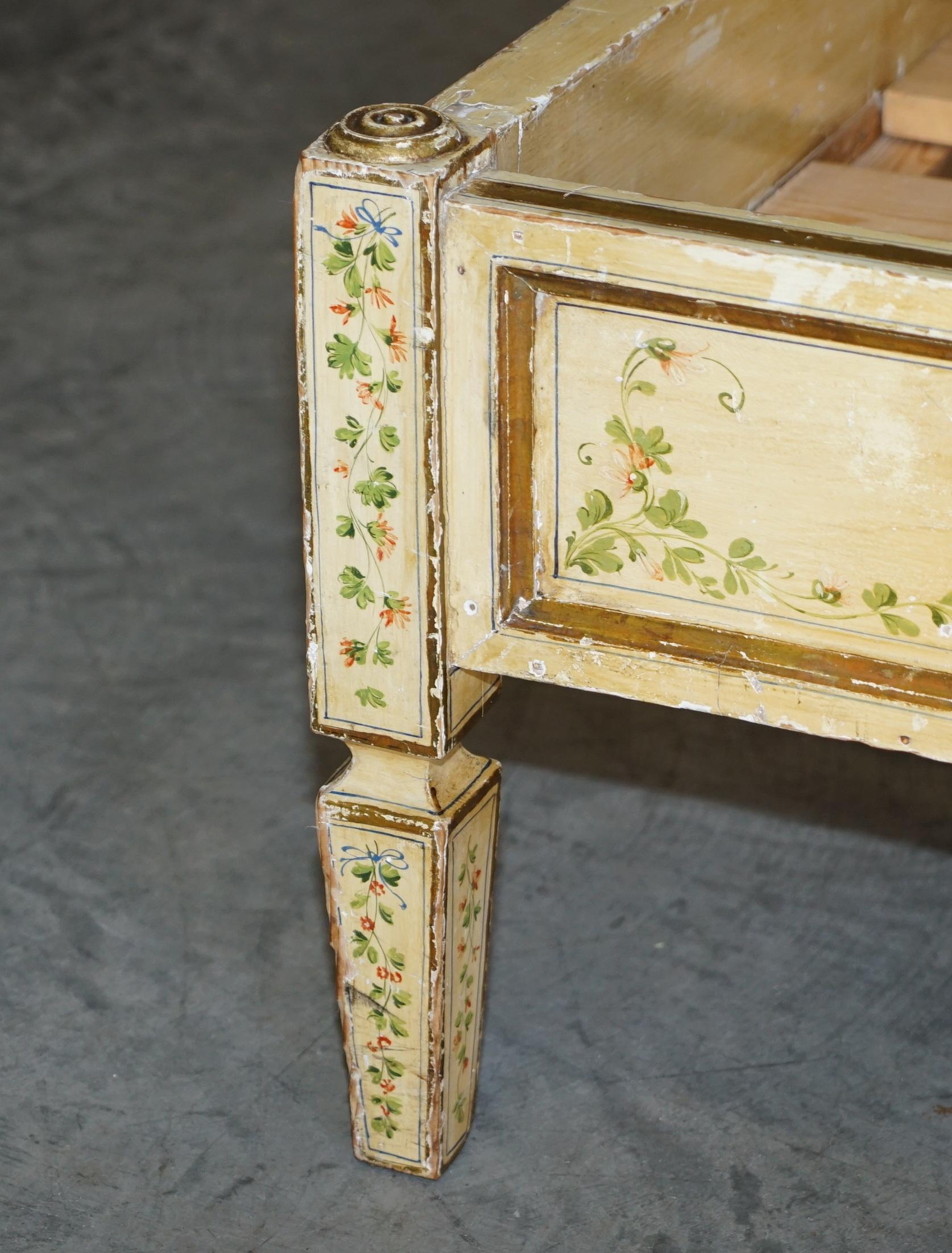 Antique French Hand Painted Ornately Decorated Bed Frame in Oak Pine Slats For Sale 5