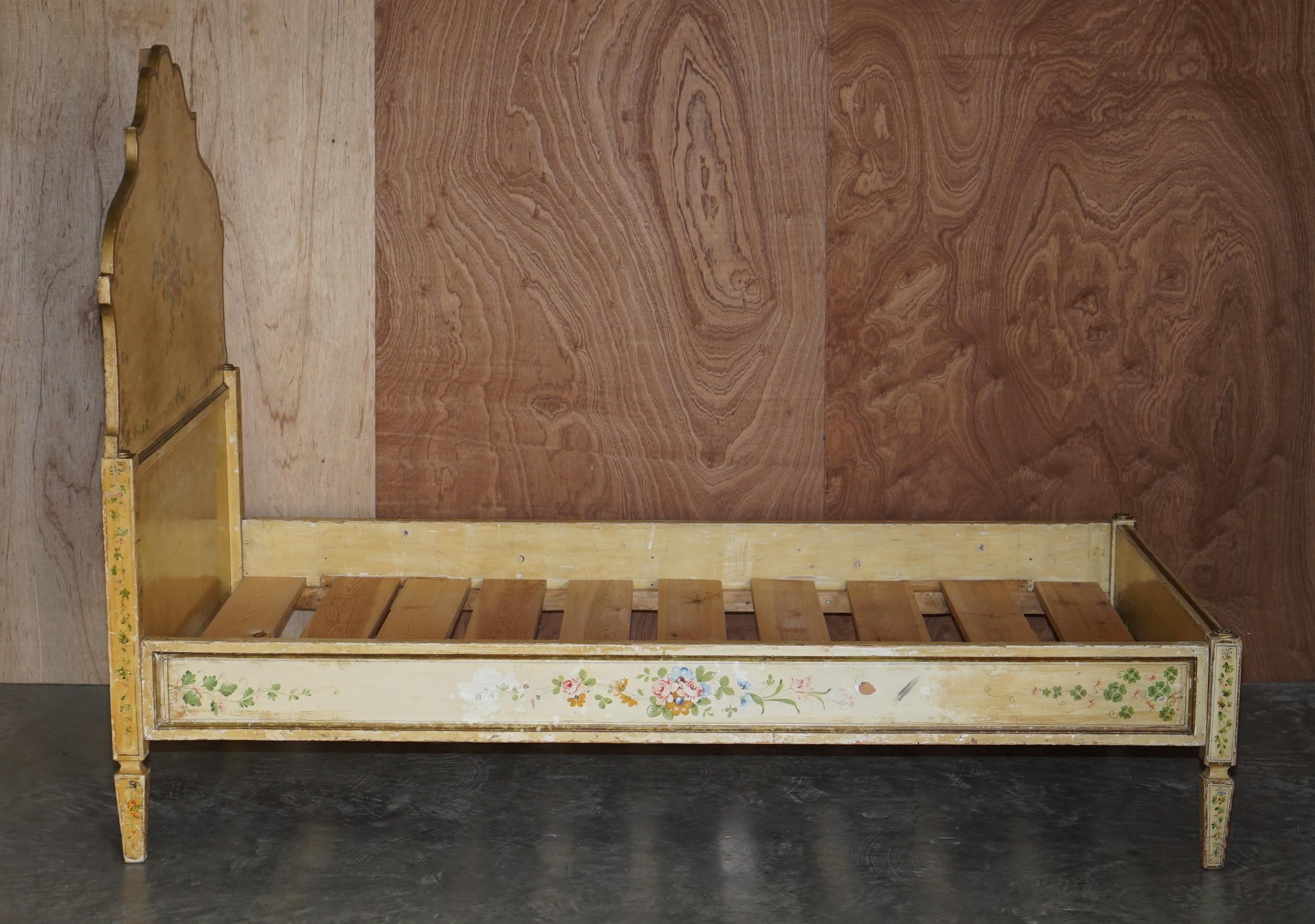 Antique French Hand Painted Ornately Decorated Bed Frame in Oak Pine Slats For Sale 6