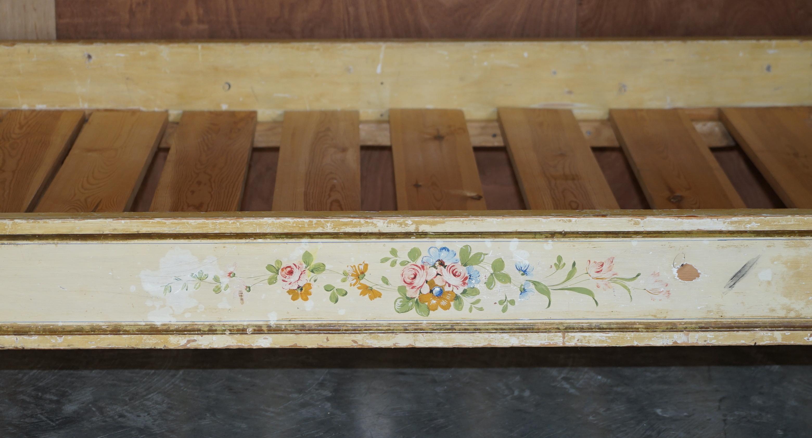 Antique French Hand Painted Ornately Decorated Bed Frame in Oak Pine Slats For Sale 8