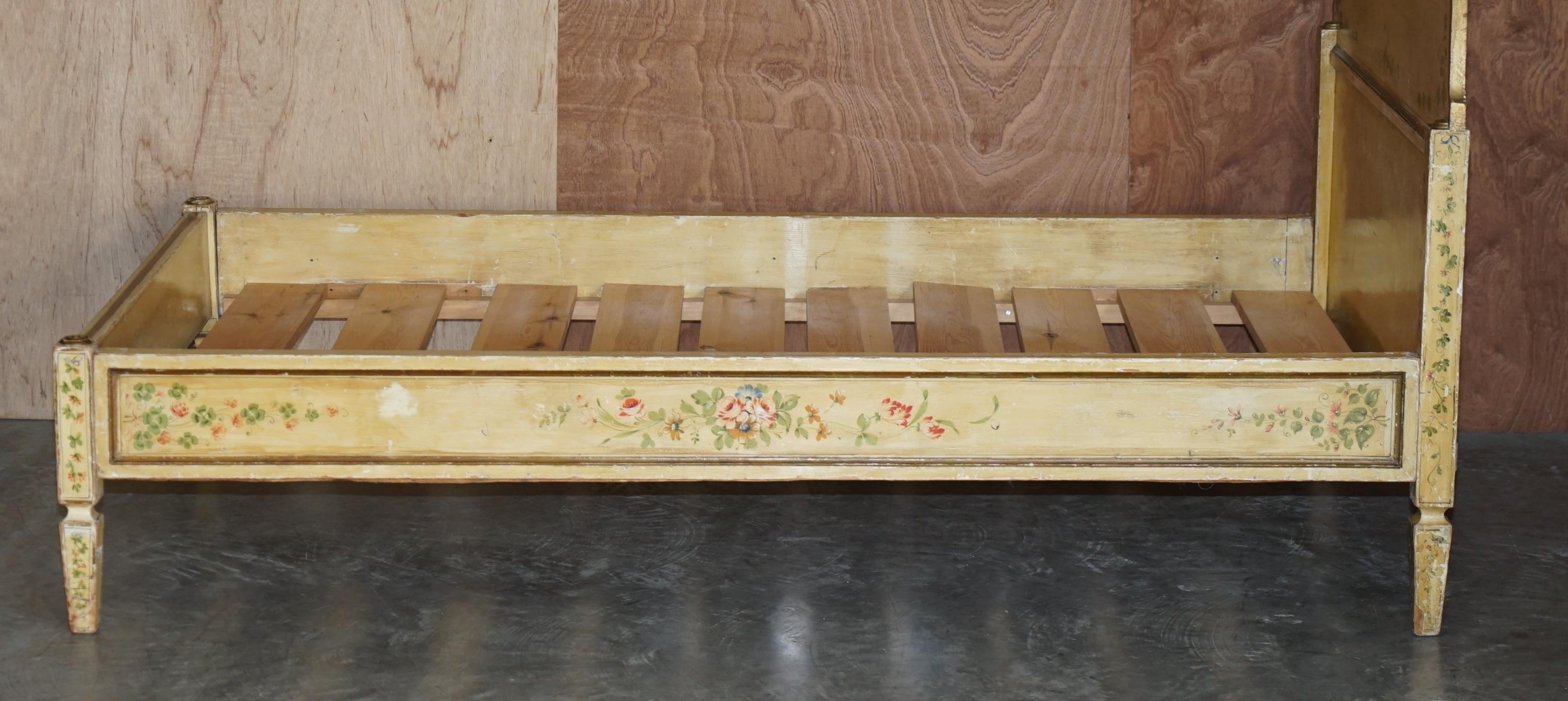 Antique French Hand Painted Ornately Decorated Bed Frame in Oak Pine Slats For Sale 10
