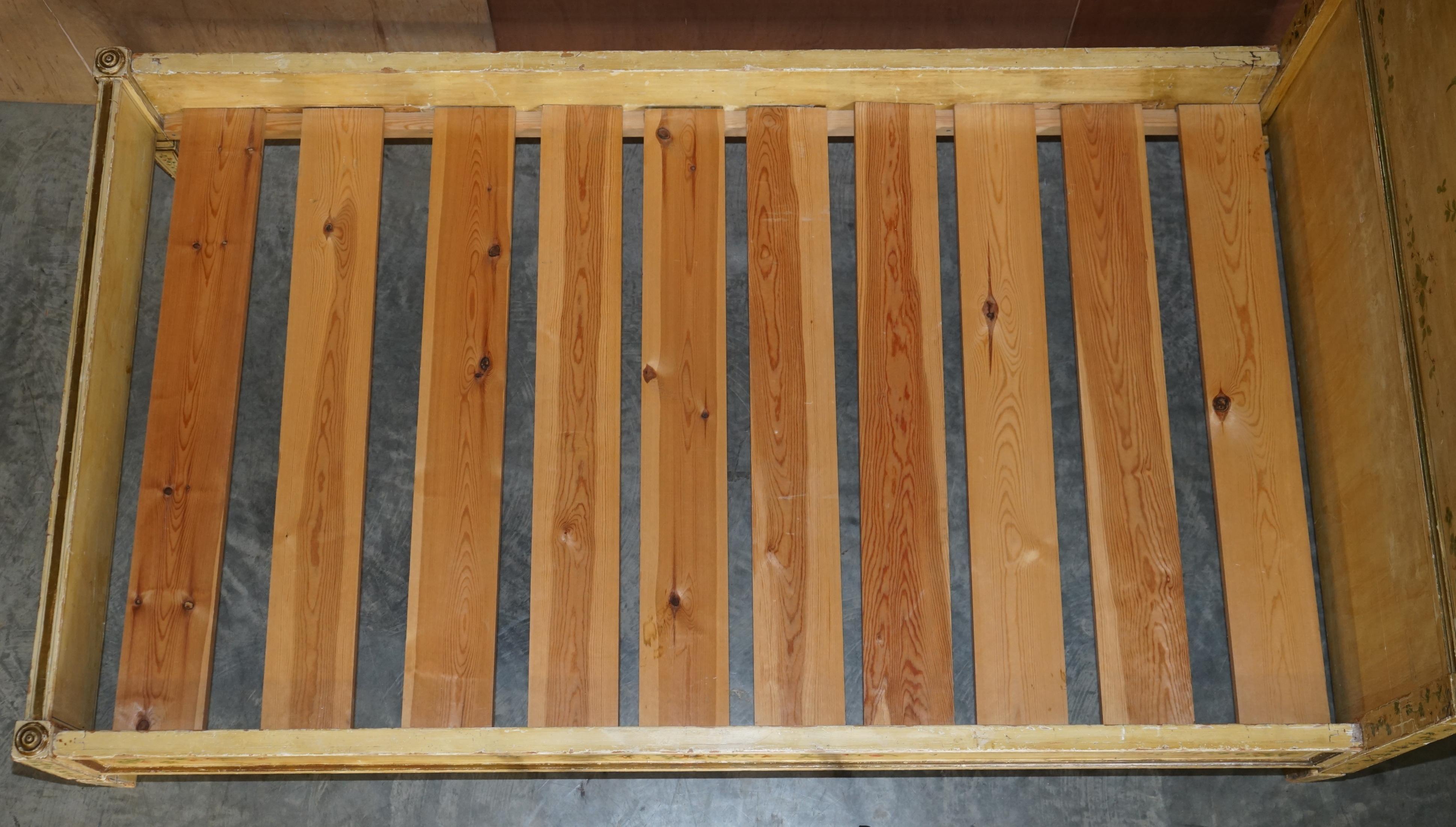 Antique French Hand Painted Ornately Decorated Bed Frame in Oak Pine Slats For Sale 11