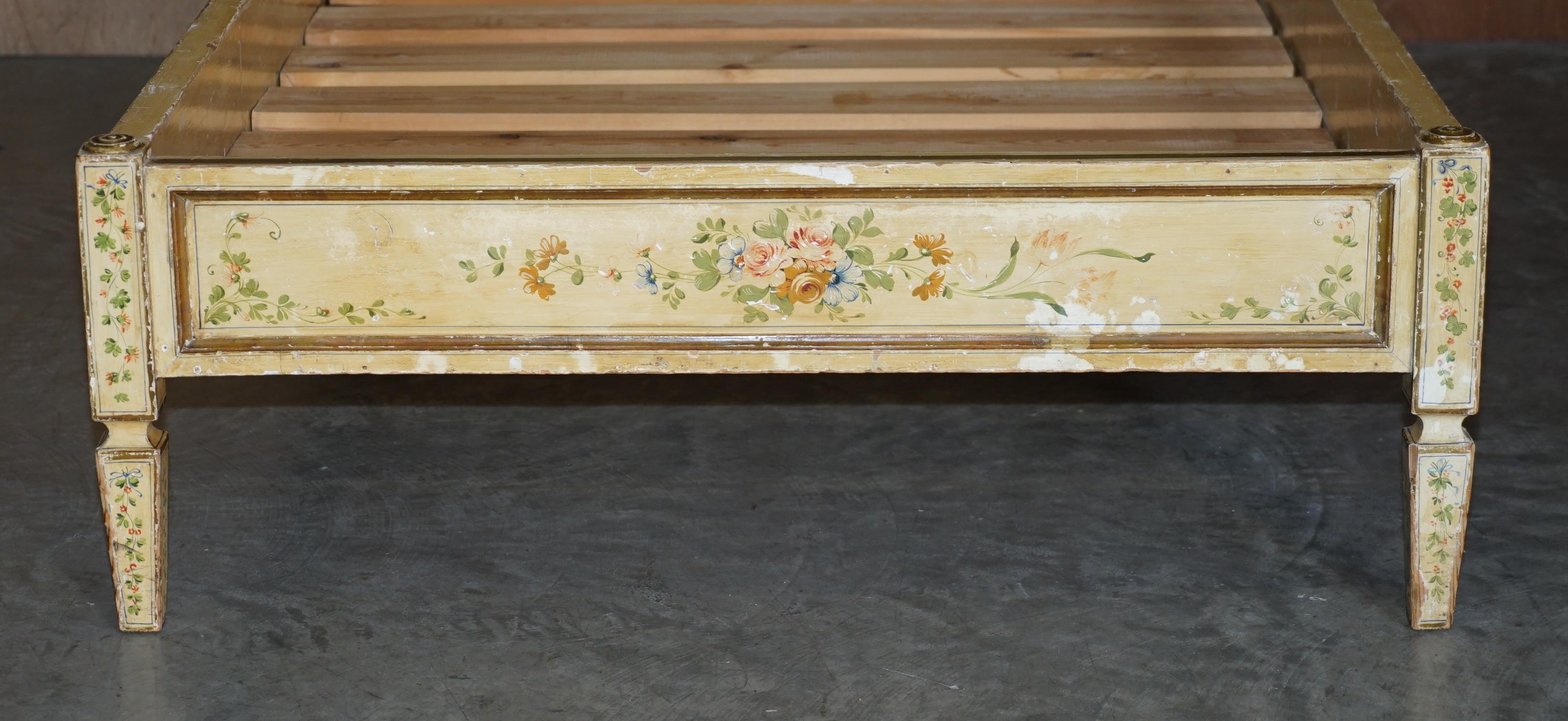 Hand-Crafted Antique French Hand Painted Ornately Decorated Bed Frame in Oak Pine Slats For Sale