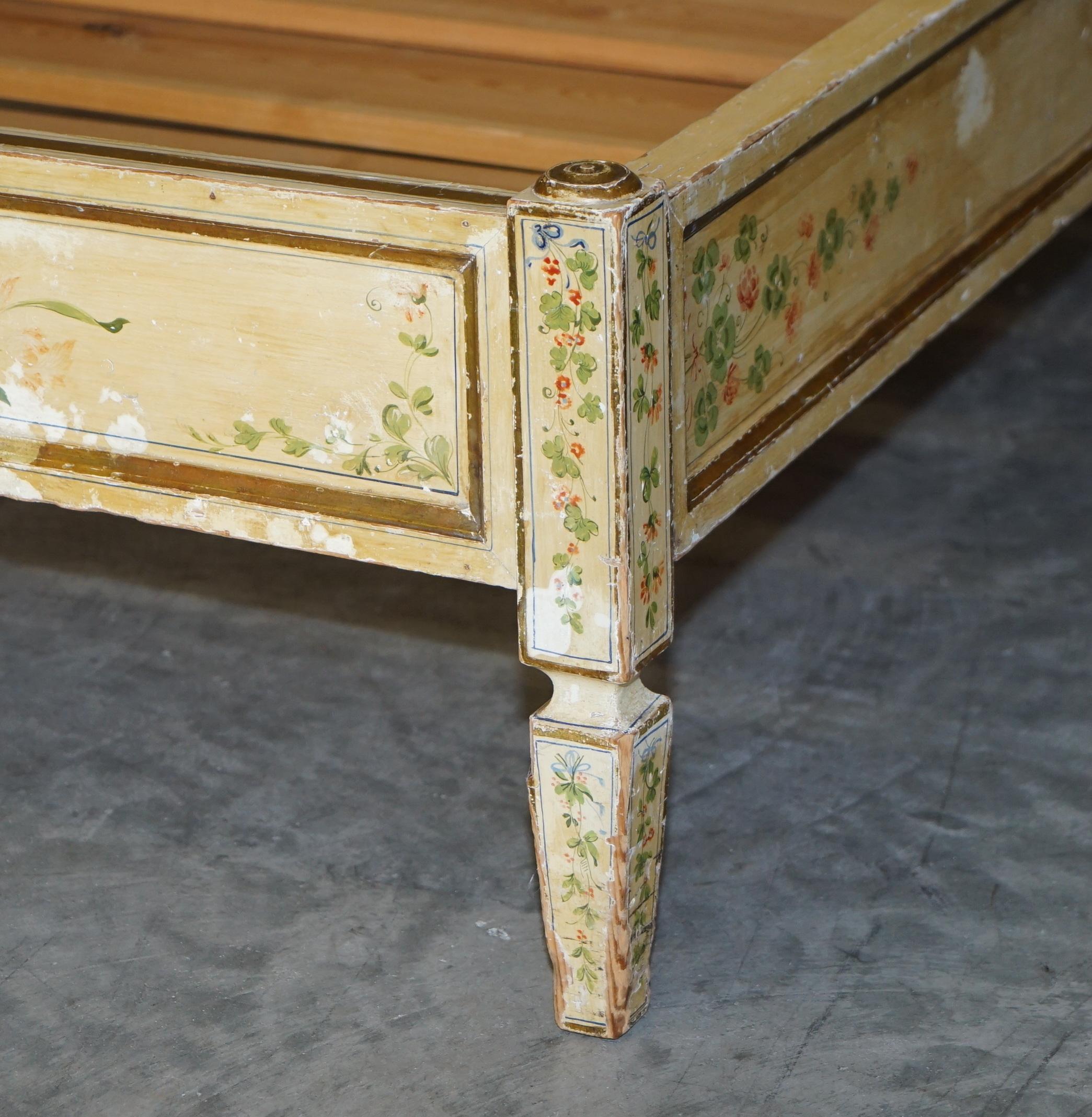 20th Century Antique French Hand Painted Ornately Decorated Bed Frame in Oak Pine Slats For Sale